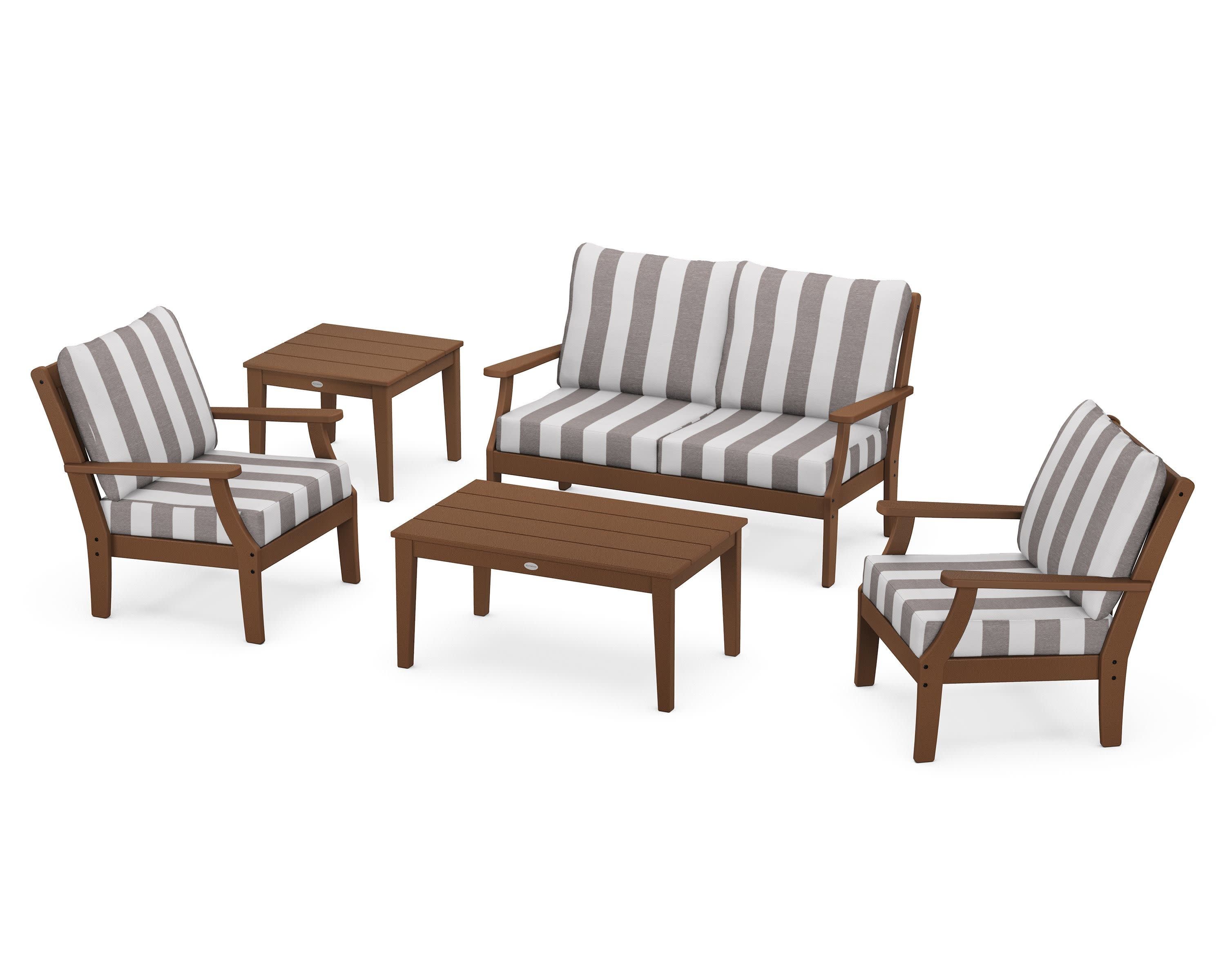 Braxton 5-Piece Deep Seating Set in Teak / Cabana Stripe Grey Mist