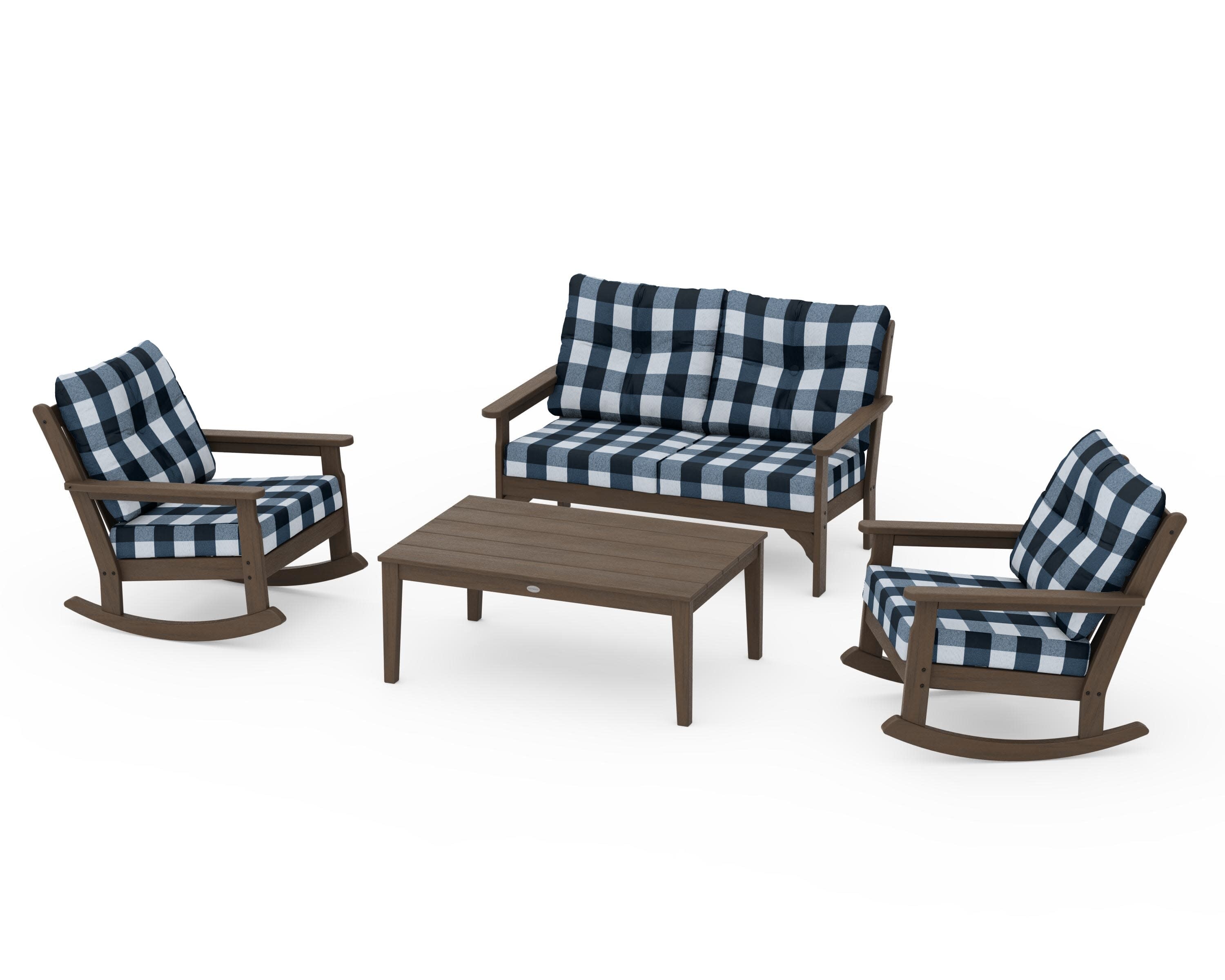 Vineyard 4-Piece Deep Seating Rocking Chair Set in Kona / Buffalo Plaid Marine Indigo