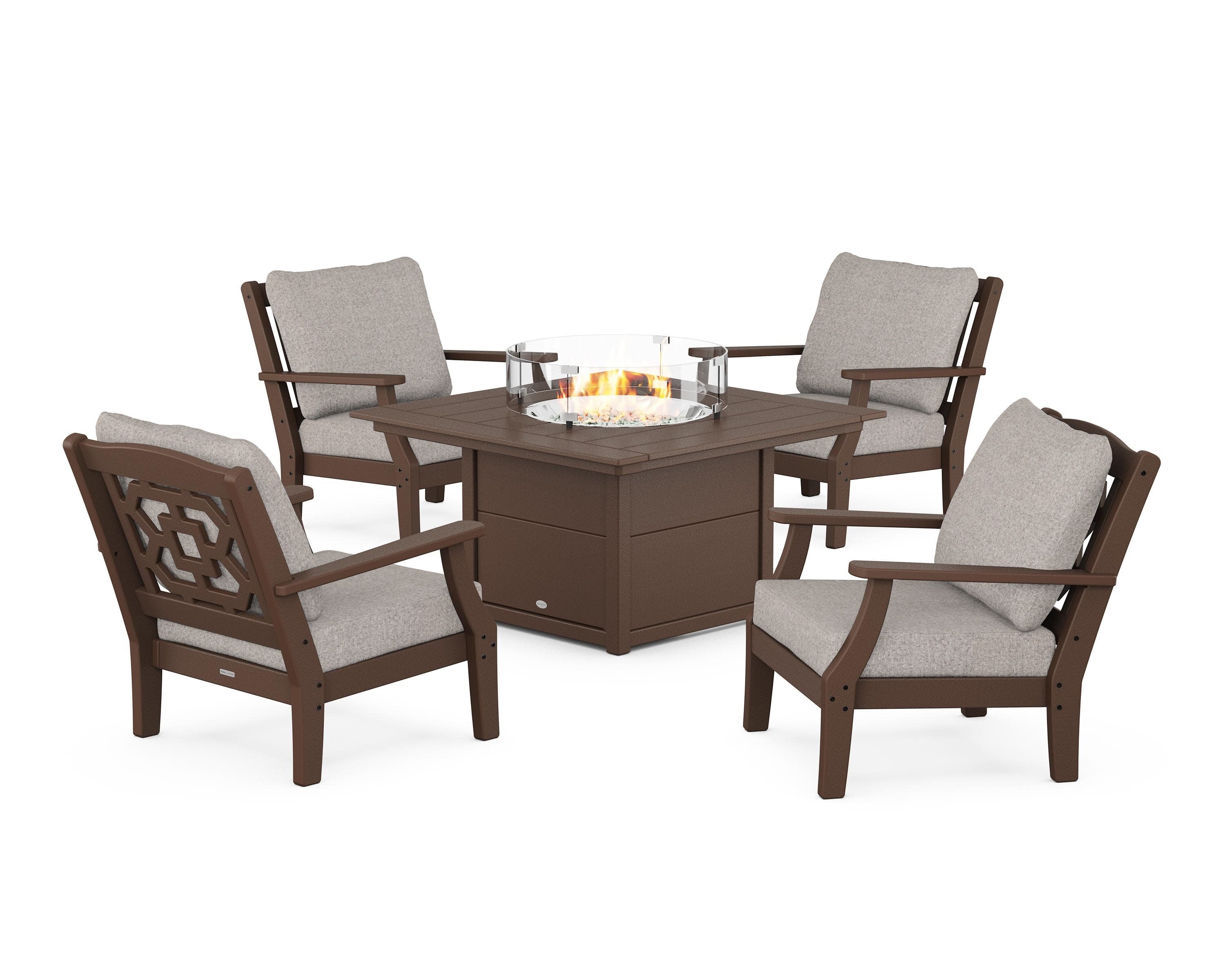 Chinoiserie 5-Piece Deep Seating Set with Fire Pit Table in Mahogany / Weathered Tweed