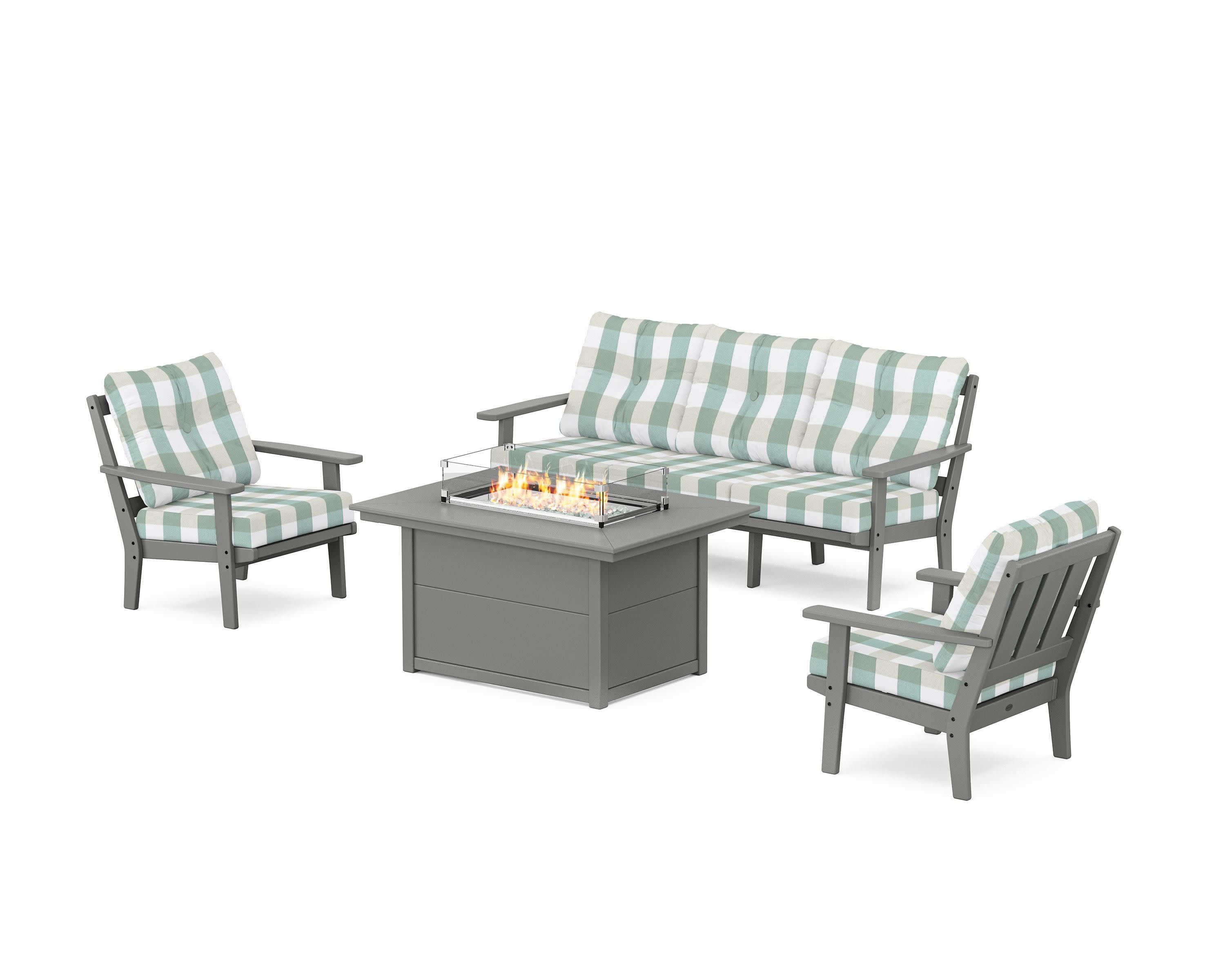 Oxford Deep Seating Fire Pit Table Set in Slate Grey / Buffalo Plaid Glacier Spa