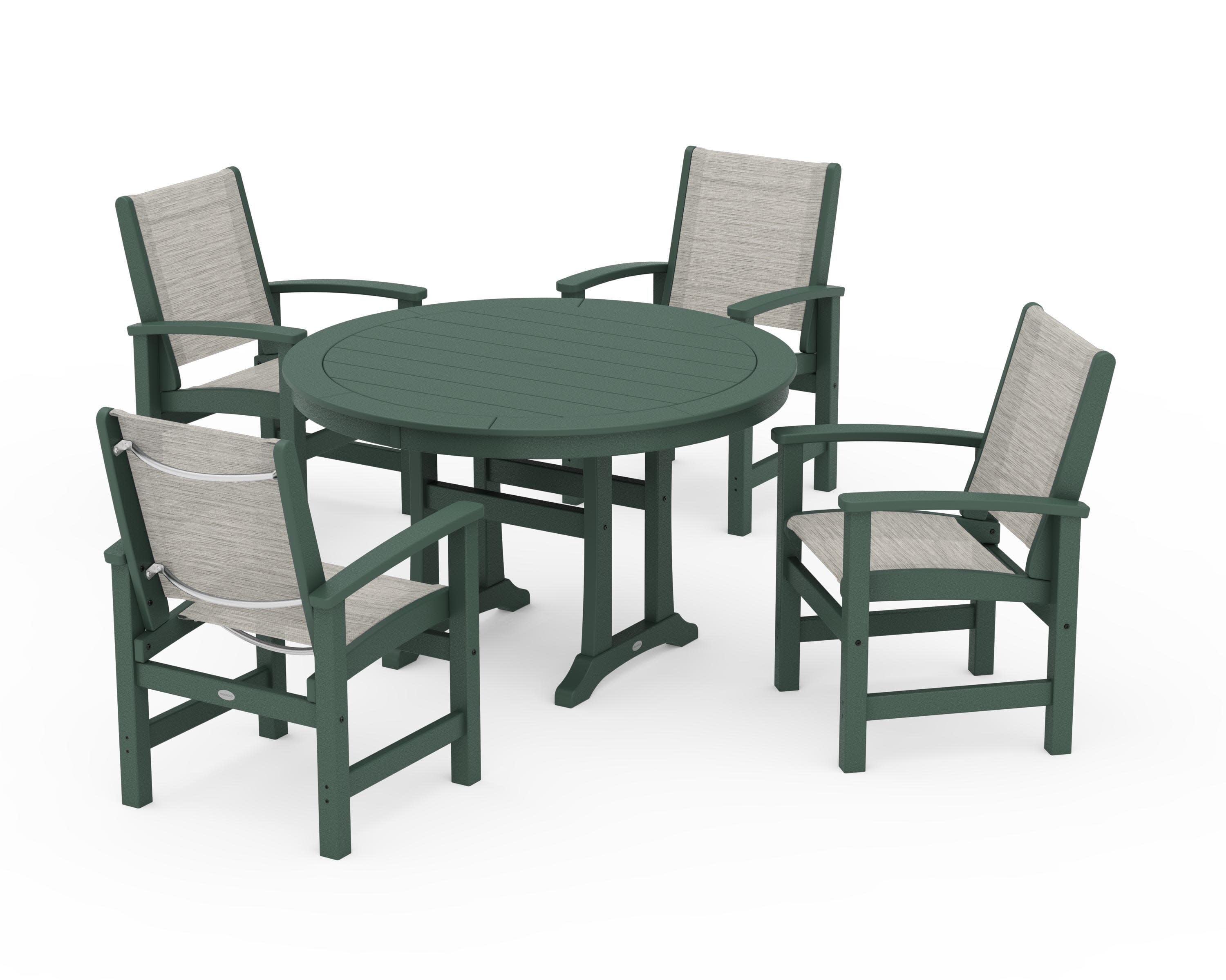 Coastal 5-Piece Round Dining Set with Trestle Legs in Green / Birch Sling