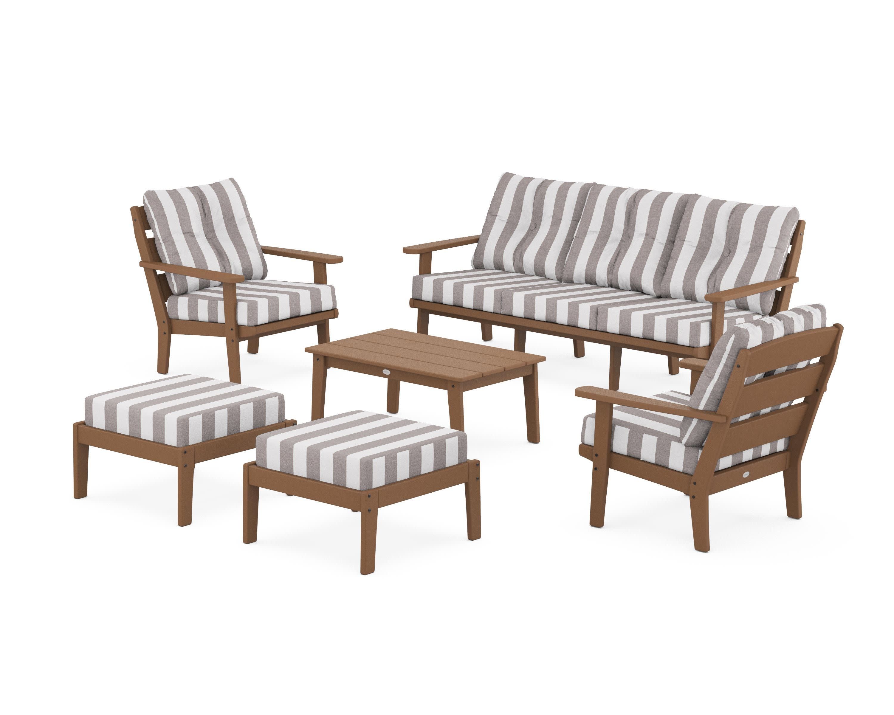 Lakeside 6-Piece Lounge Sofa Set in Teak / Cabana Stripe Grey Mist