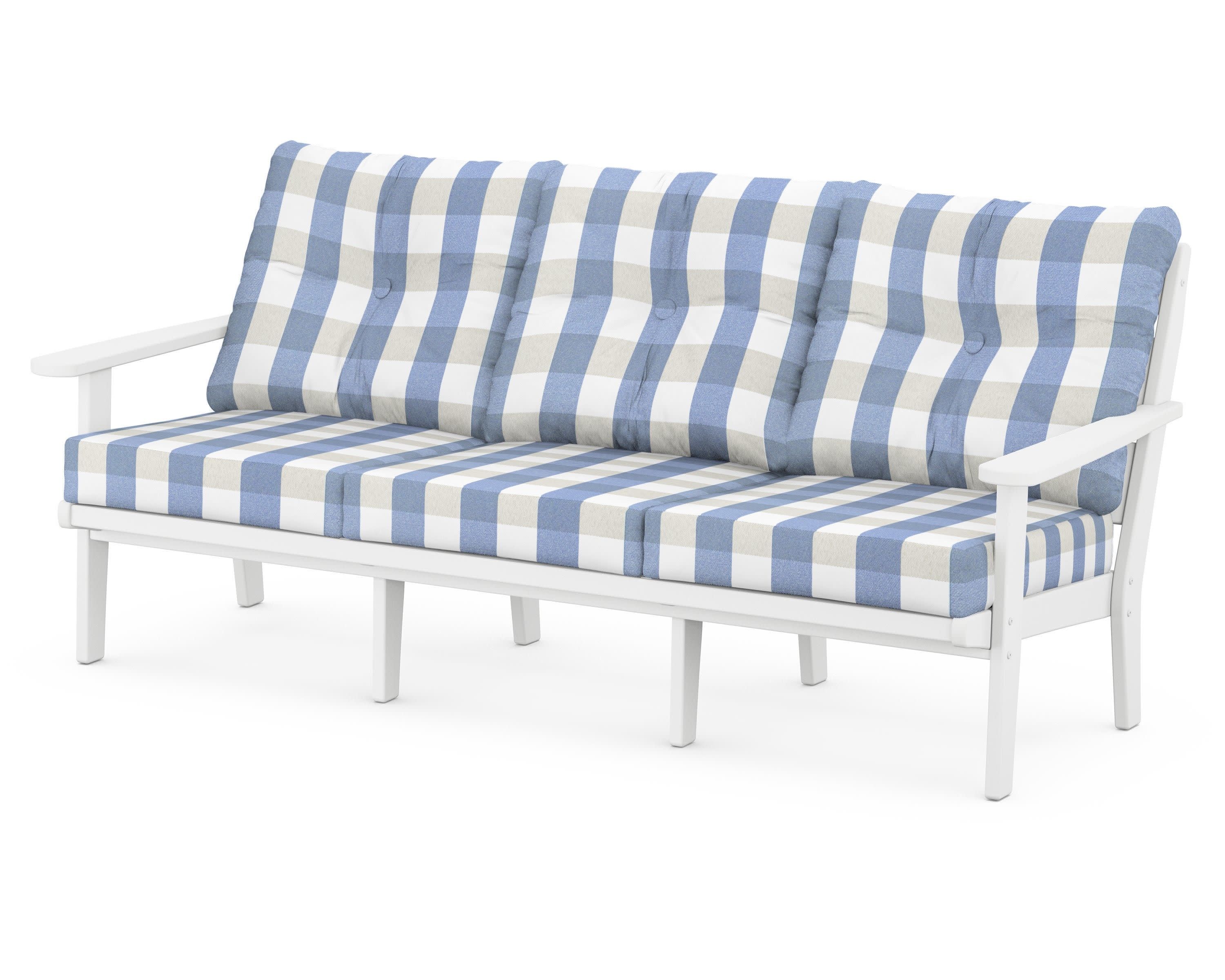 Lakeside Deep Seating Sofa in White / Buffalo Plaid Sky Blue