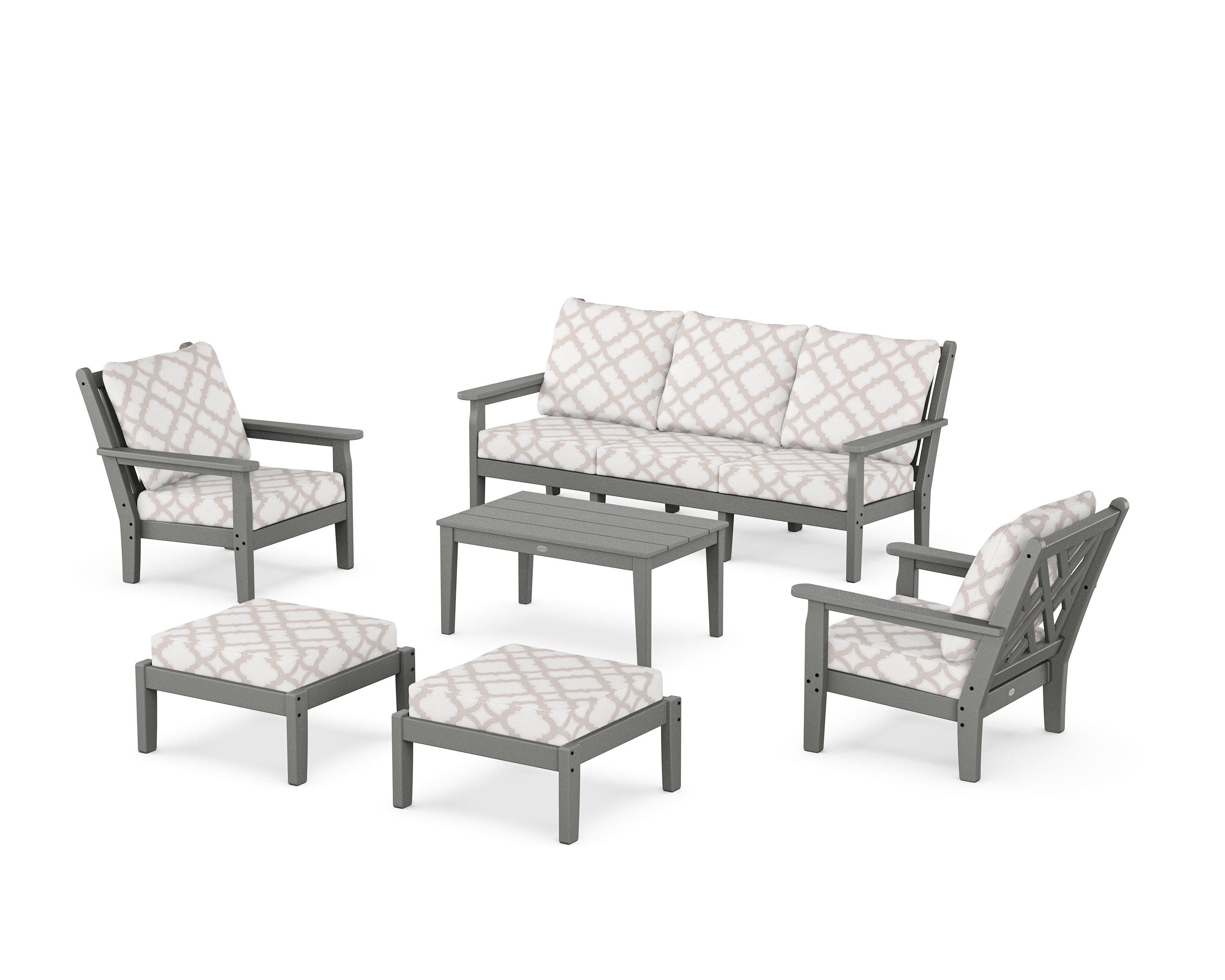 Chippendale 6-Piece Lounge Sofa Set in Slate Grey / Trellis Dune Burlap