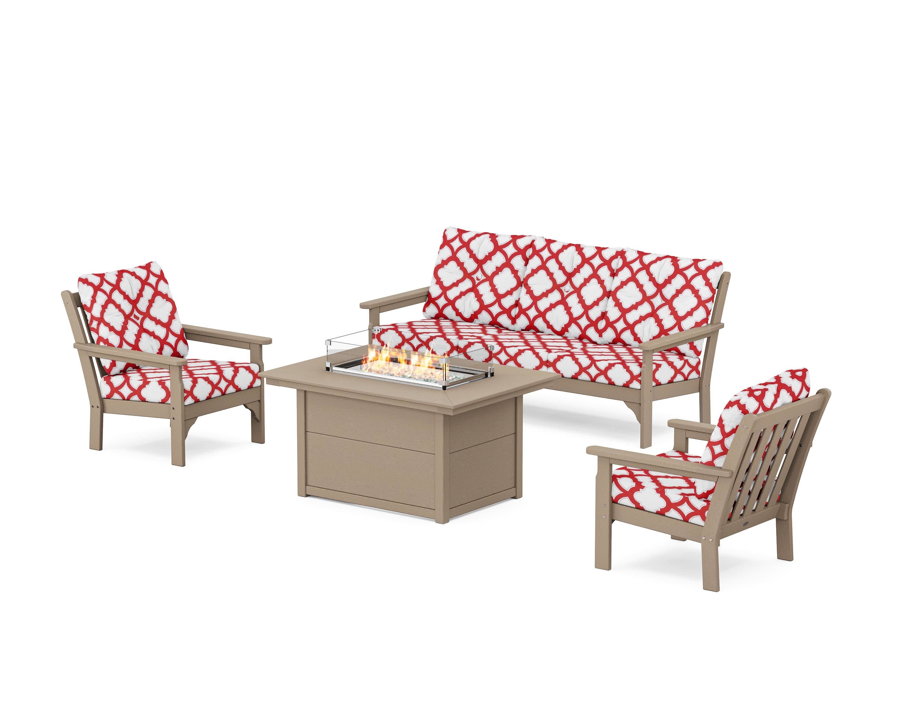 Vineyard Deep Seating Fire Pit Table Set in Vintage Sahara / Trellis Crimson