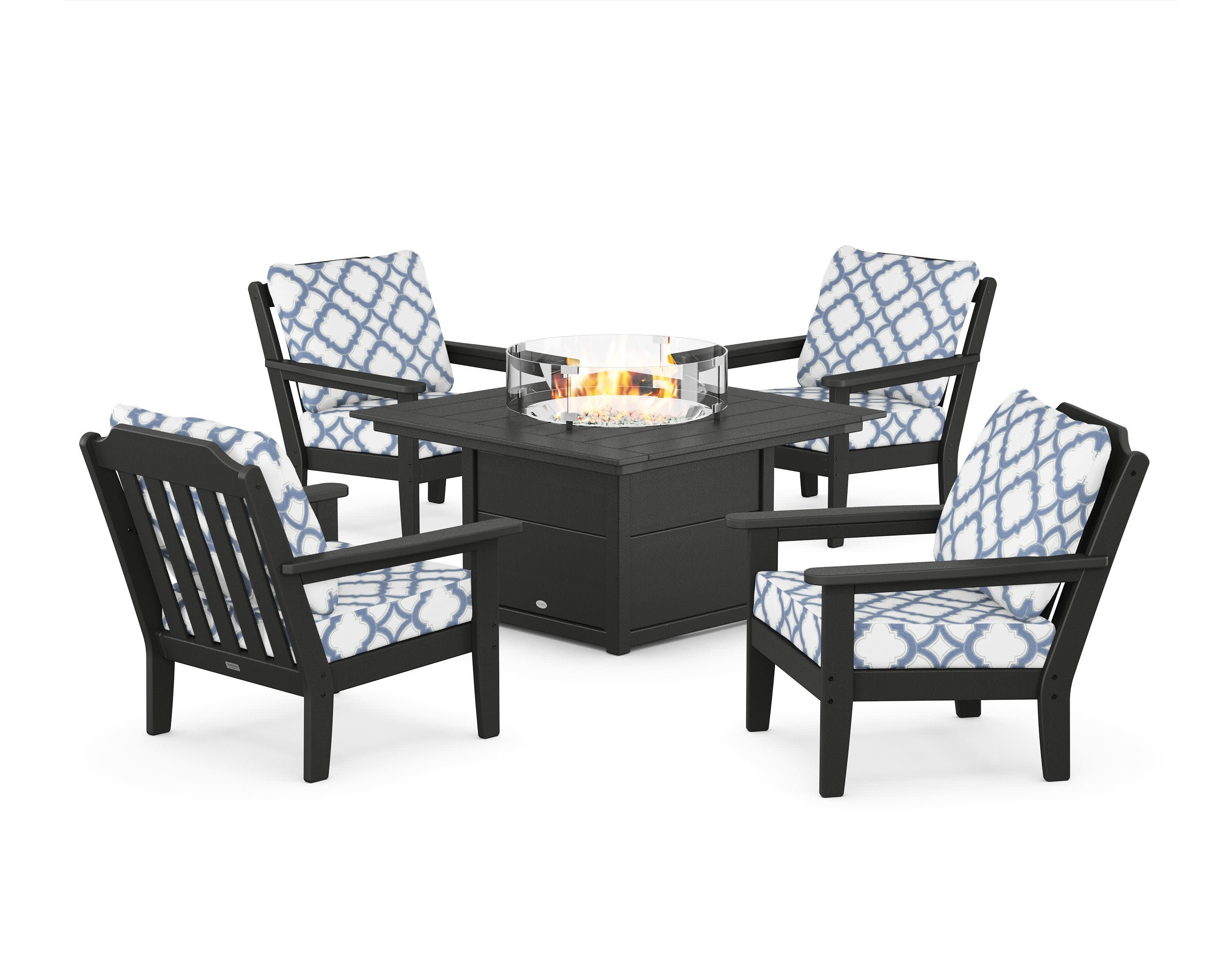 Cottage 5-Piece Deep Seating Set with Fire Pit Table in Black / Trellis Sky Blue