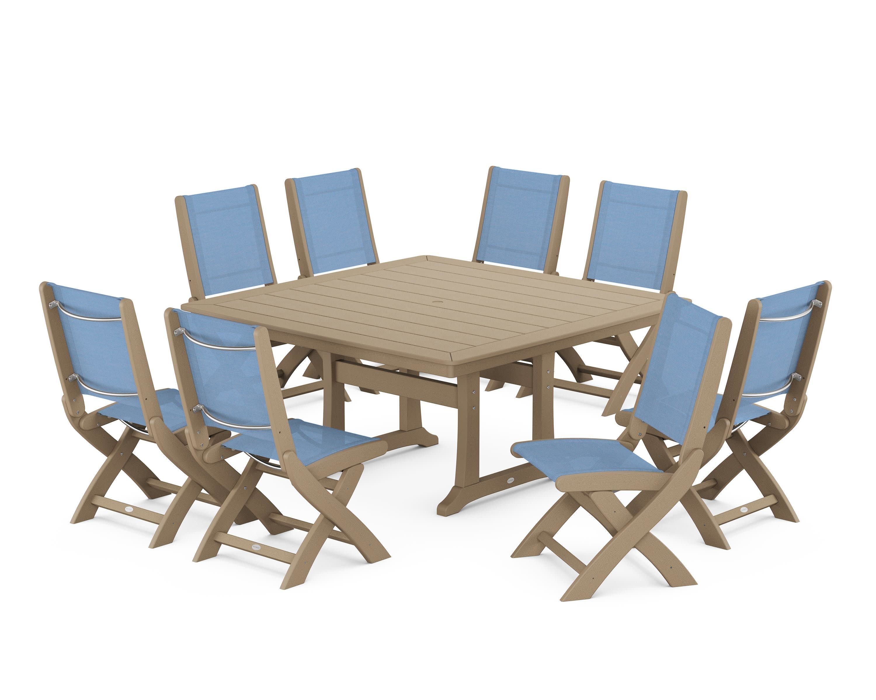 Coastal Folding Side Chair 9-Piece Dining Set with Trestle Legs in Vintage Sahara / Poolside Sling