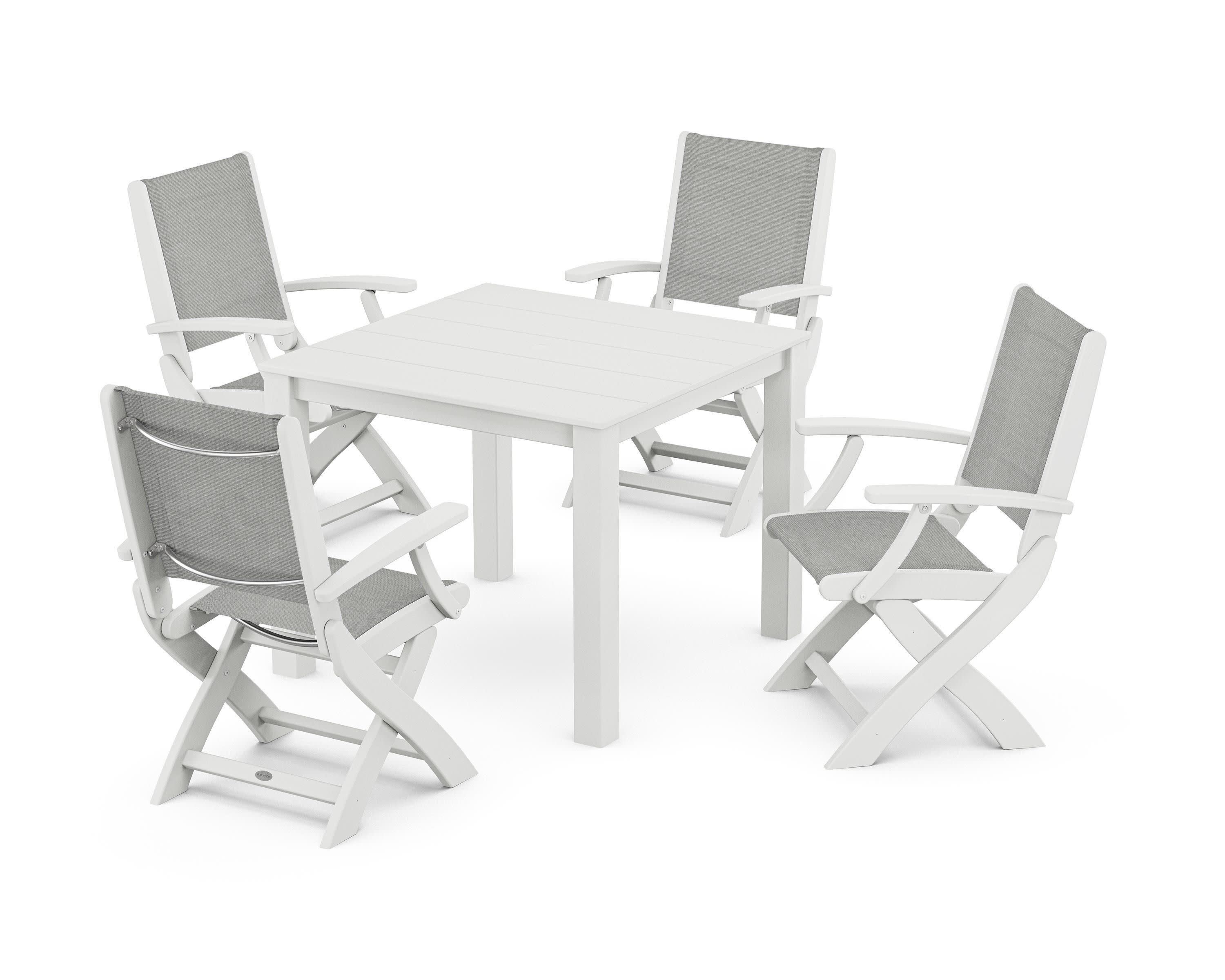 Coastal Folding Chair 5-Piece Parsons Dining Set in White / Metallic Sling