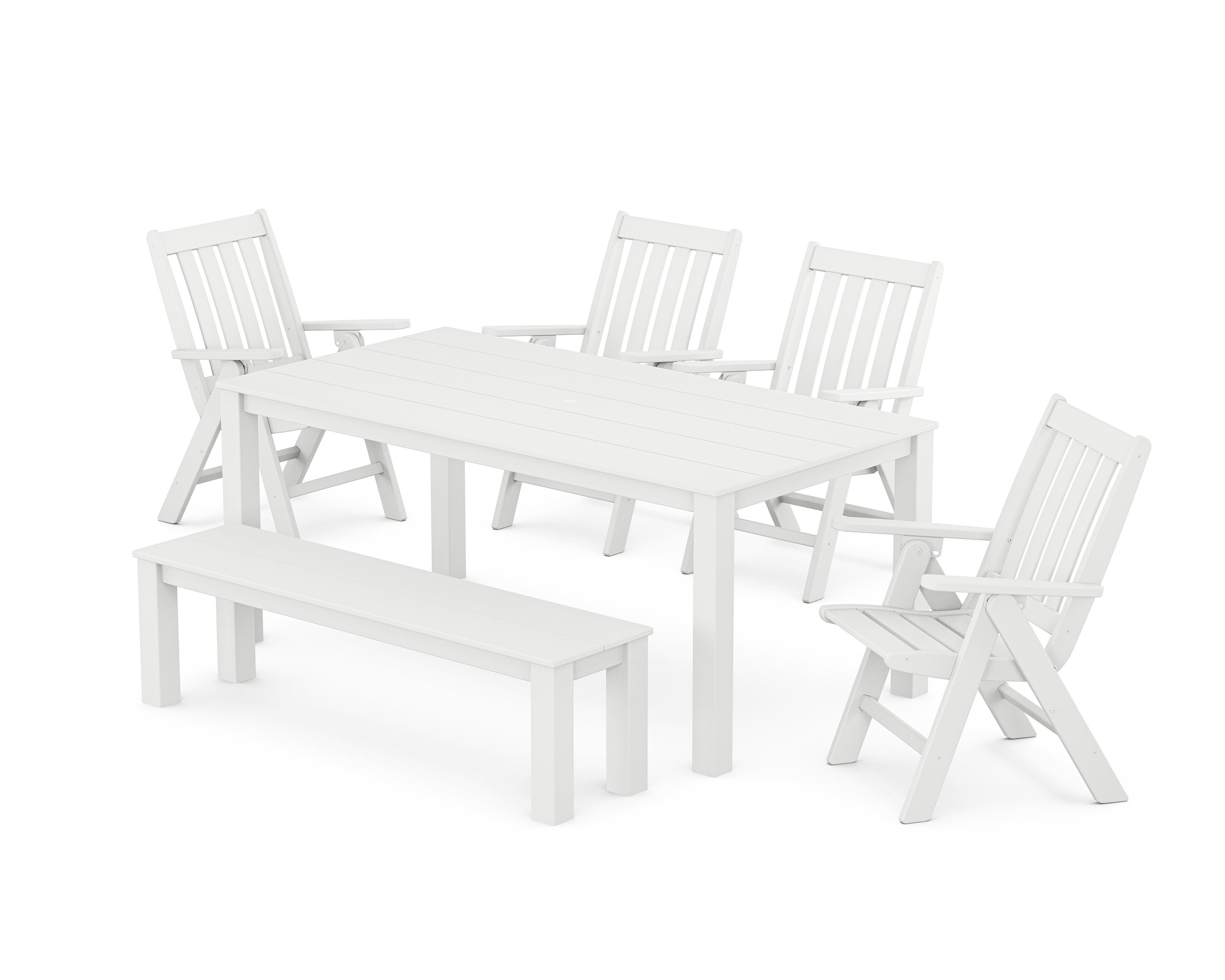 Vineyard Folding Chair 6-Piece Parsons Dining Set with Bench in White