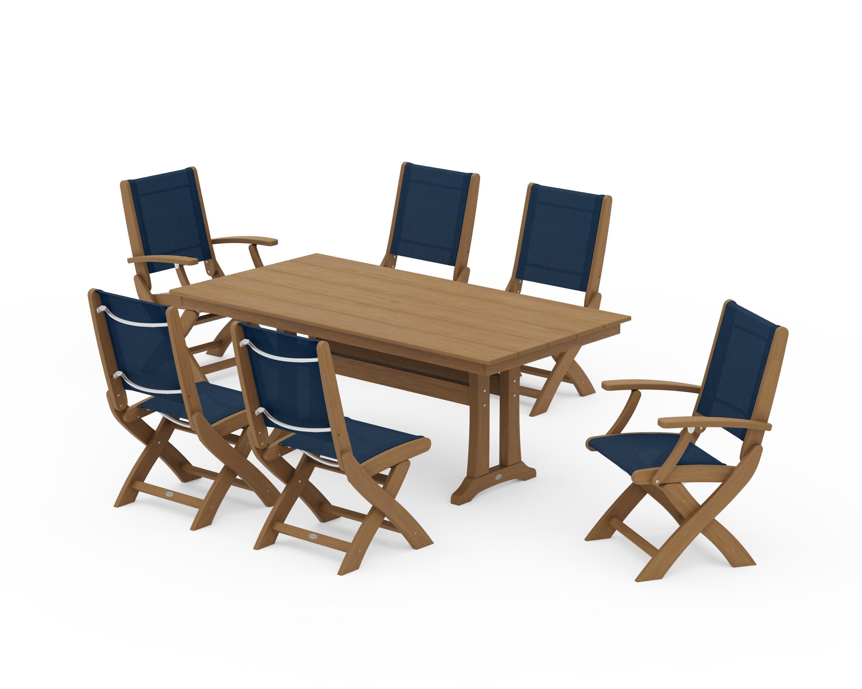 Coastal Folding Chair 7-Piece Farmhouse Dining Set with Trestle Legs in Natural / Navy Blue Sling