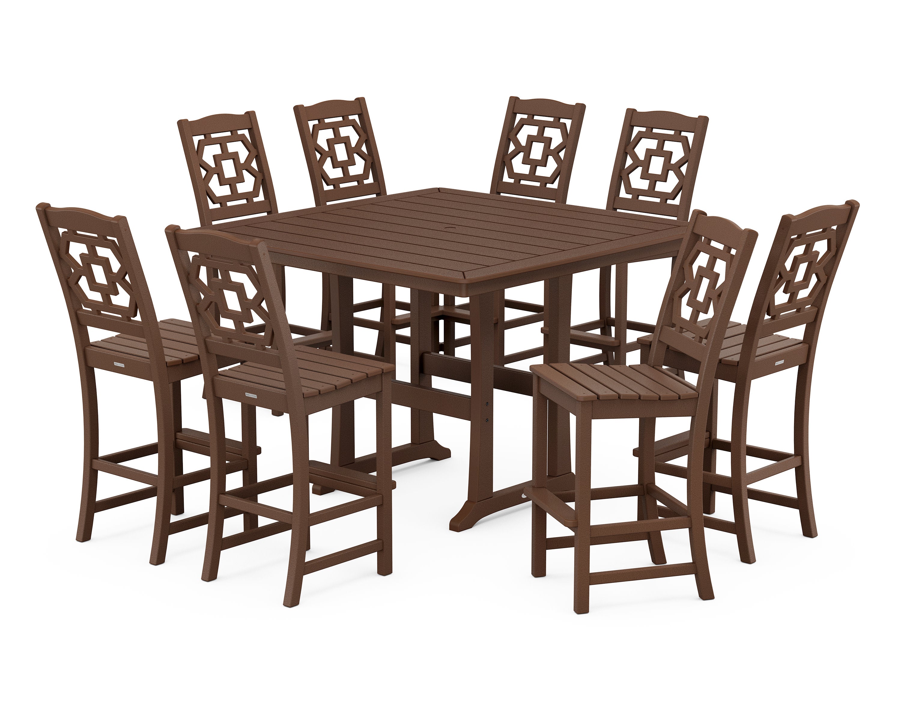 Chinoiserie 9-Piece Square Side Chair Bar Set with Trestle Legs in Mahogany