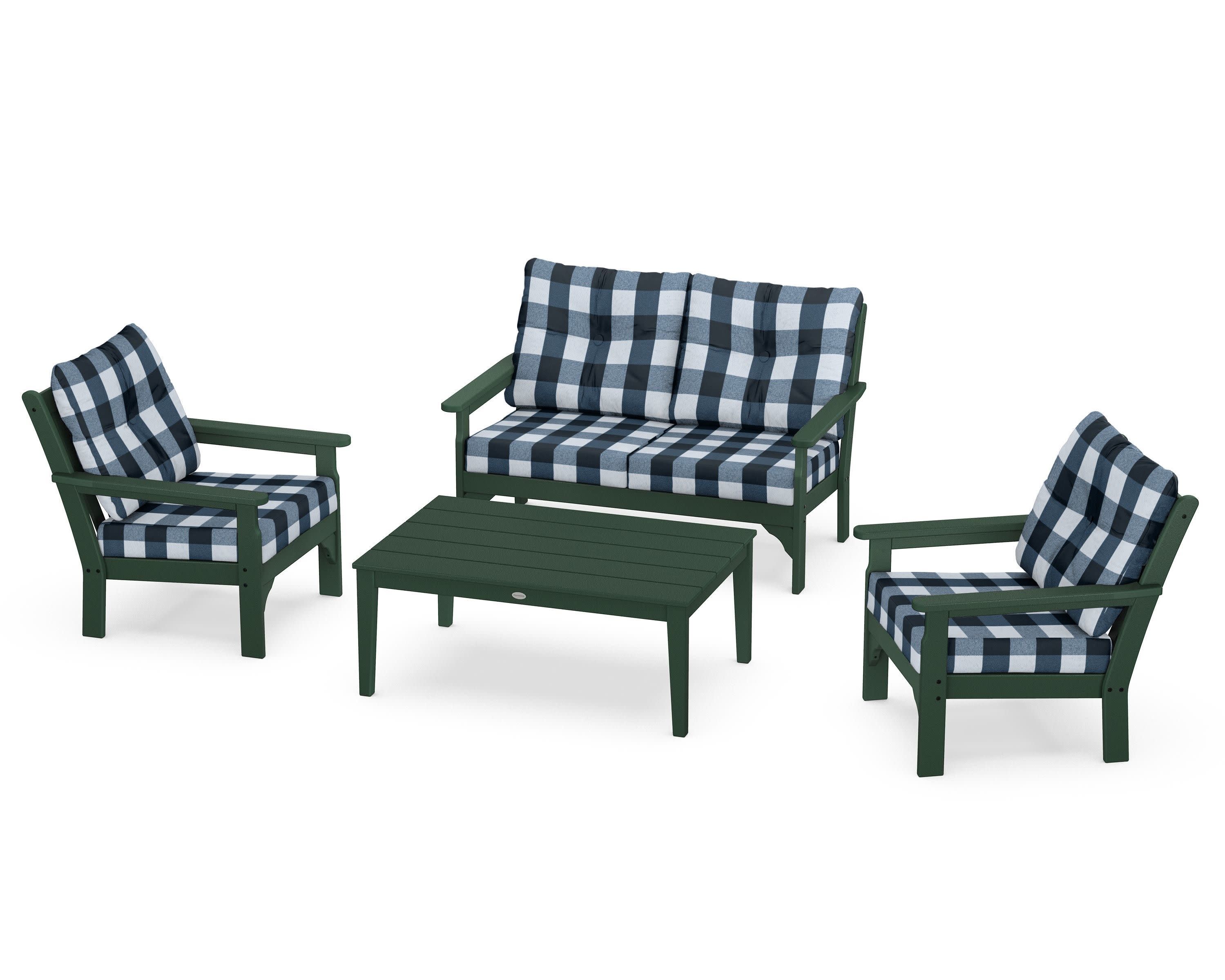 Vineyard 4-Piece Deep Seating Set in Green / Buffalo Plaid Marine Indigo