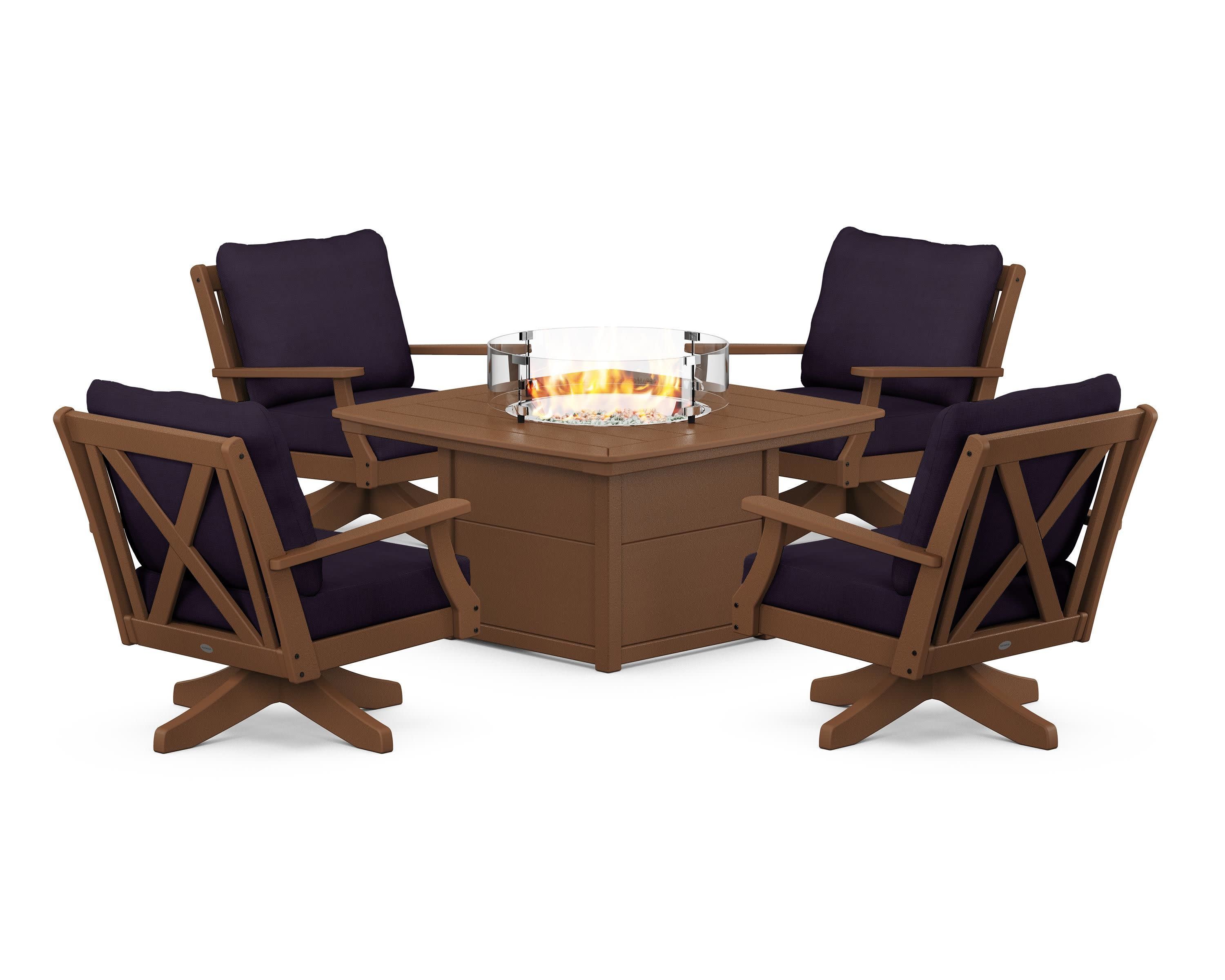 Braxton 5-Piece Deep Seating Swivel Conversation Set with Fire Pit Table in Teak / Navy Linen