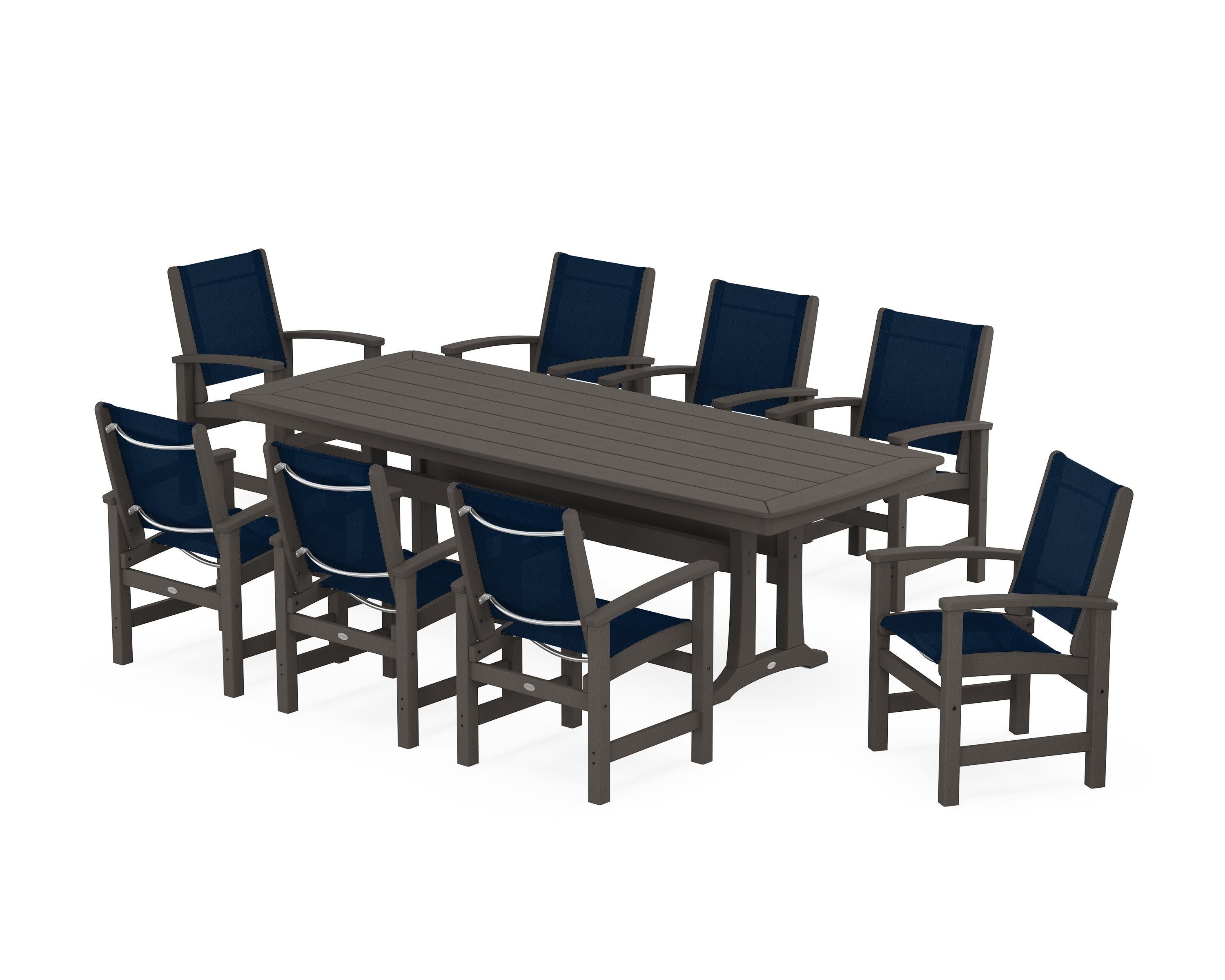 Coastal 9-Piece Dining Set with Trestle Legs in Vintage Coffee / Navy Blue Sling