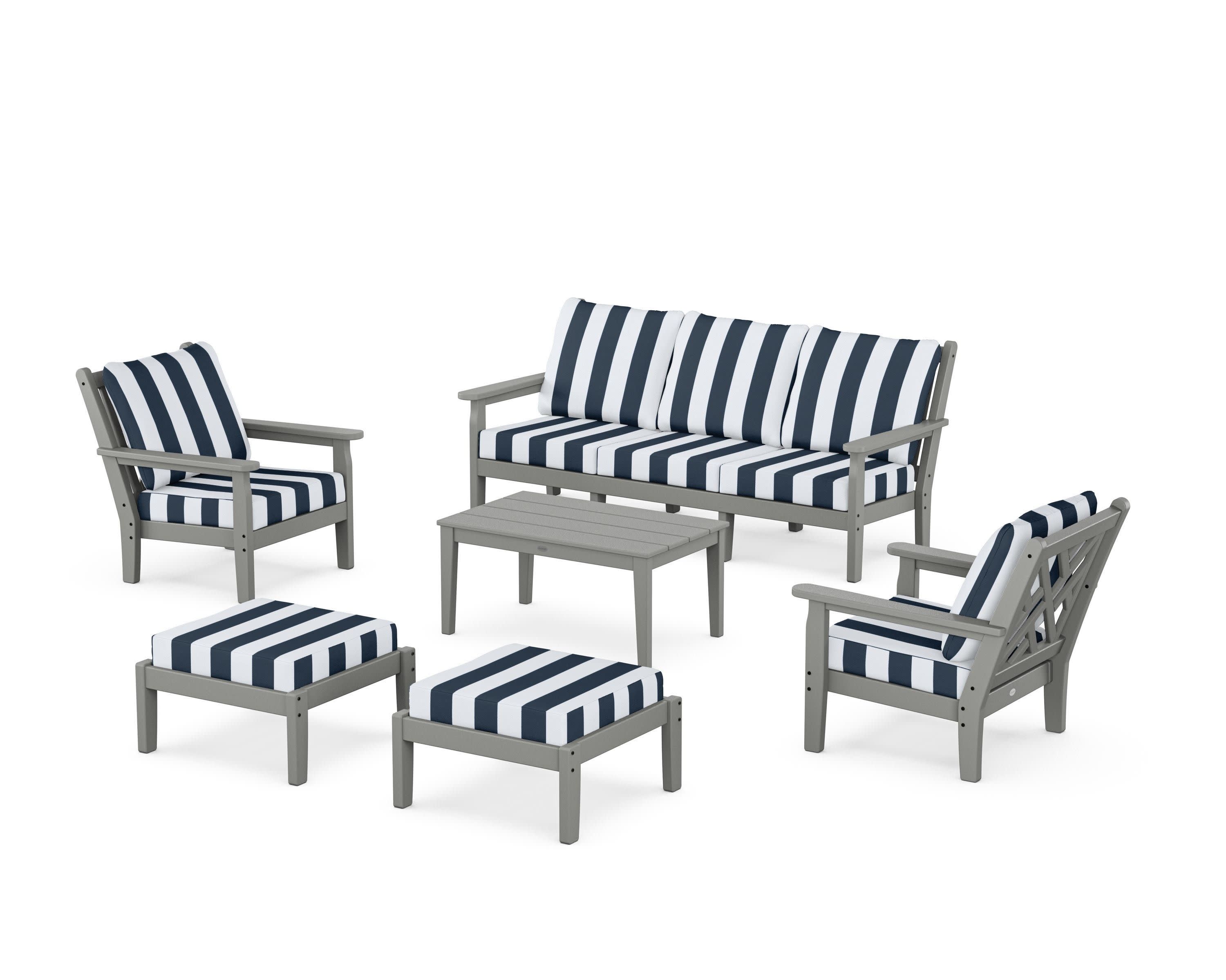 Chippendale 6-Piece Lounge Sofa Set in Slate Grey / Cabana Stripe Marine Indigo