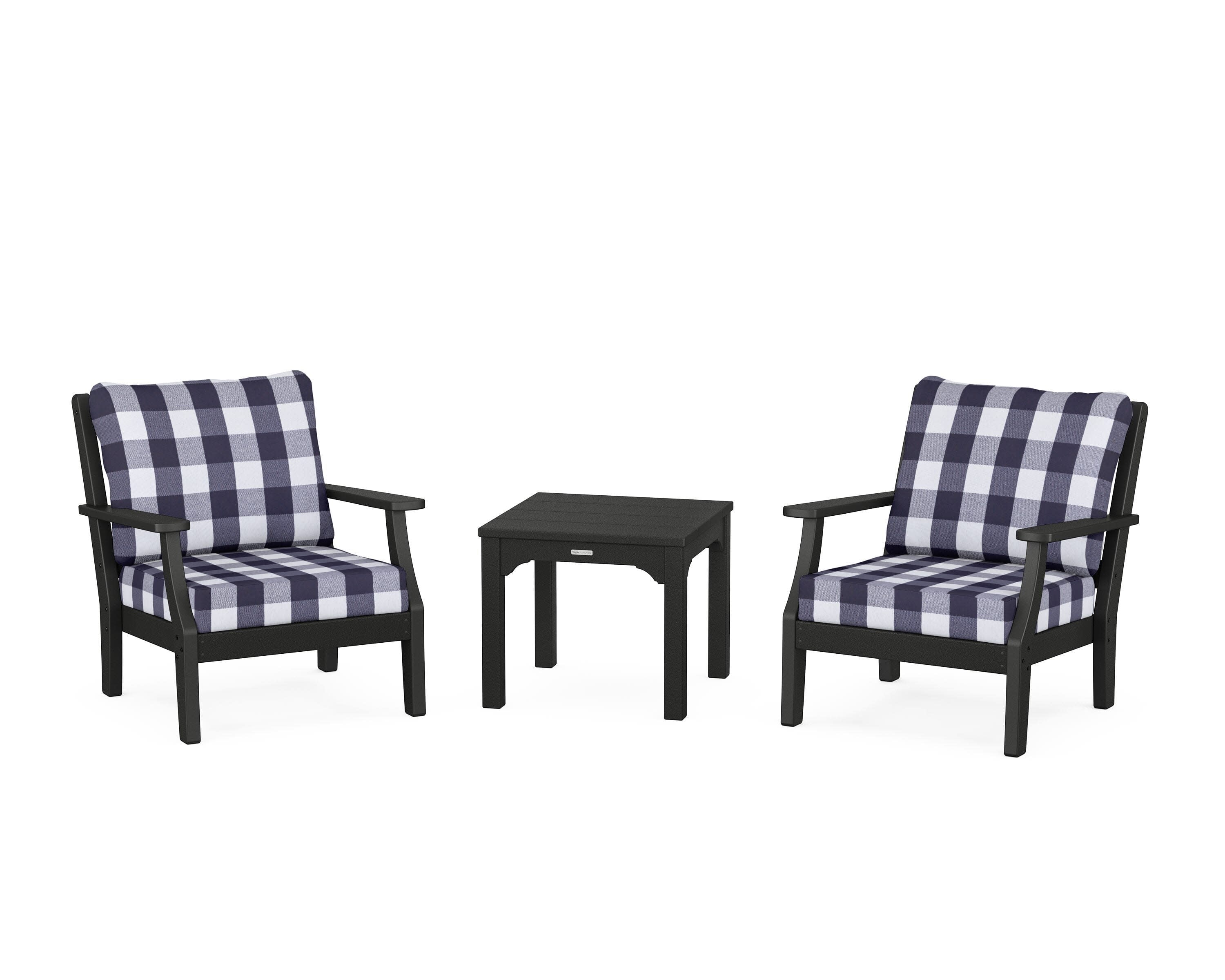 Chinoiserie 3-Piece Deep Seating Set in Black / Buffalo Plaid Navy