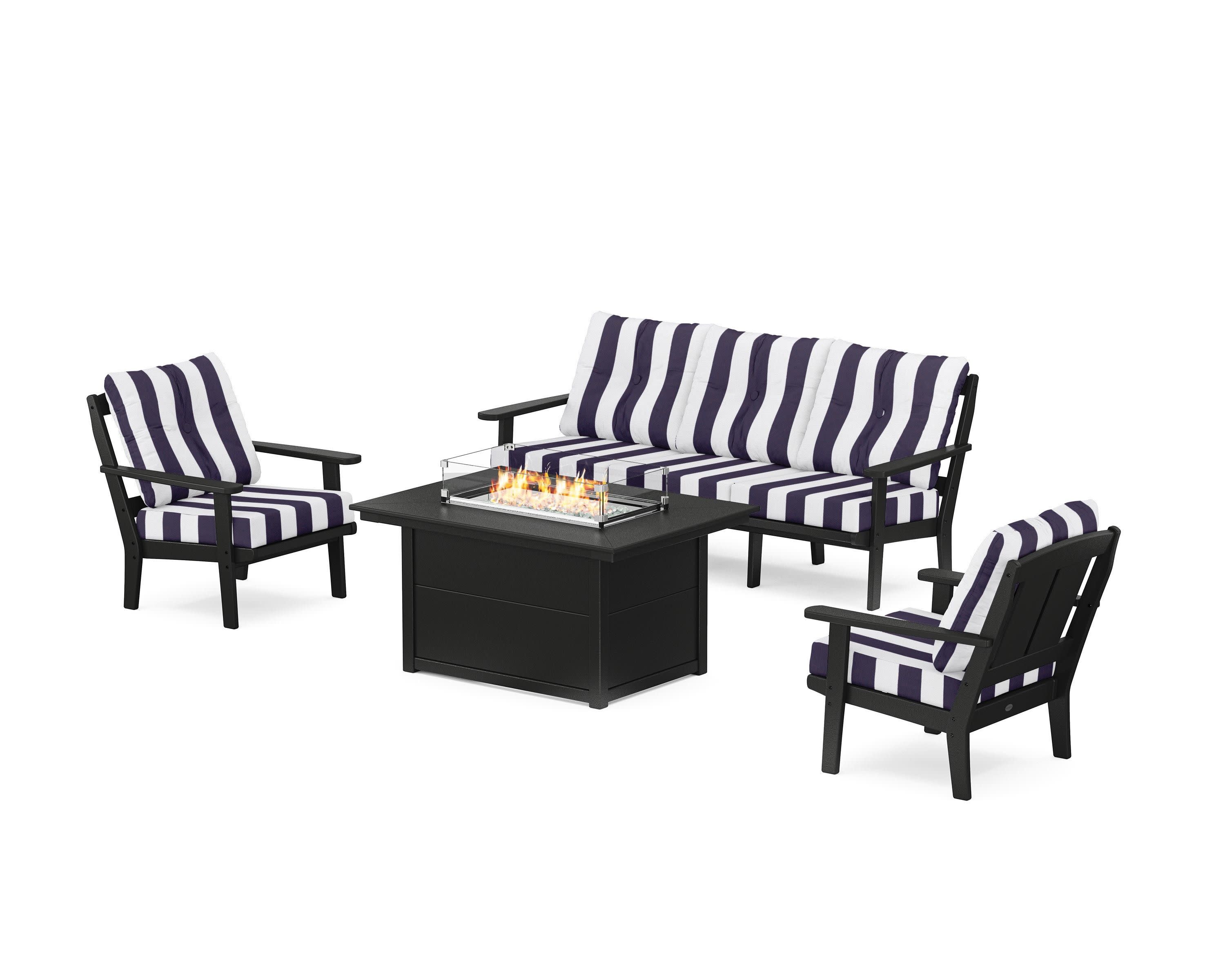 Mission Deep Seating Fire Pit Table Set in Black / Cabana Stripe Navy