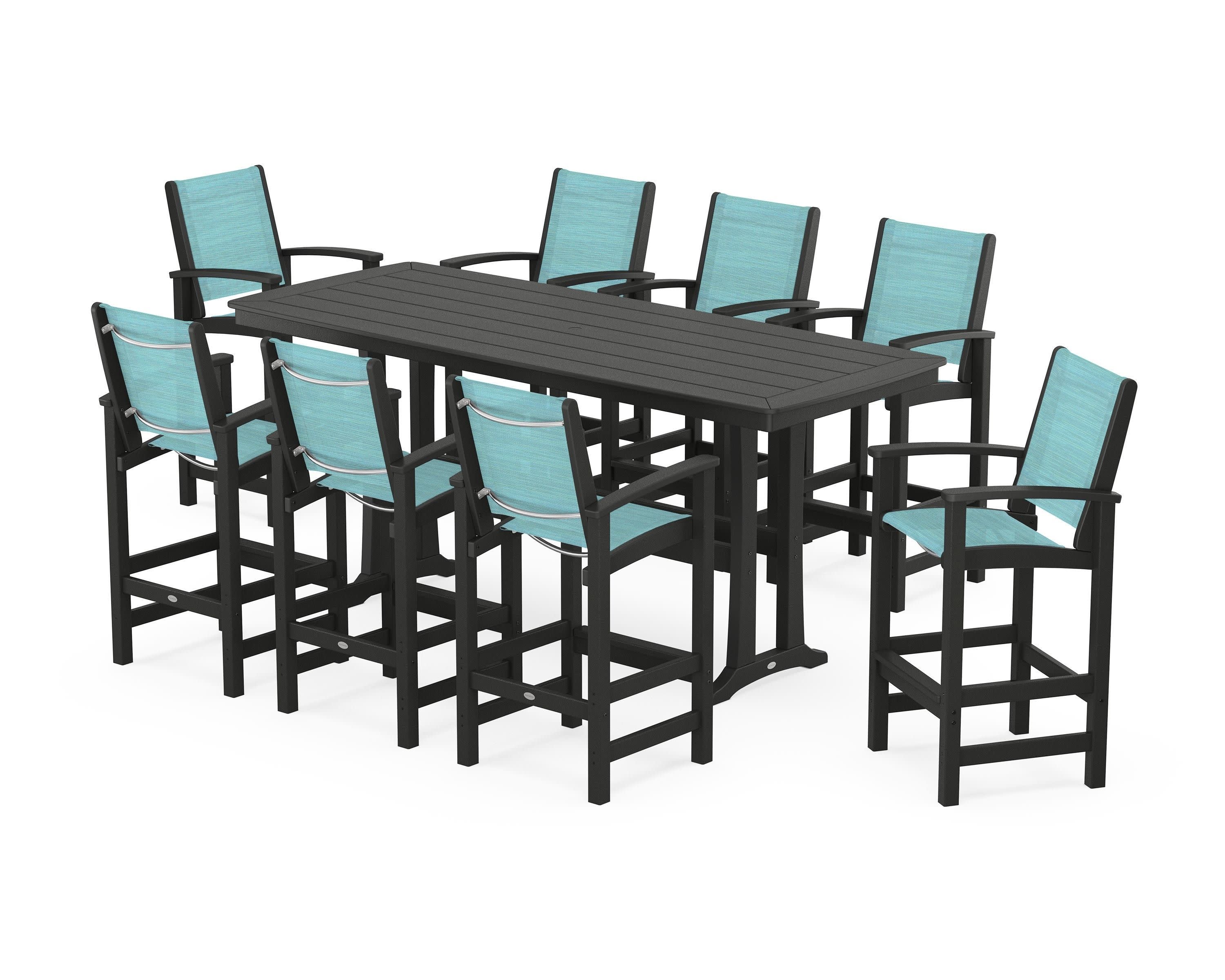 Coastal 9-Piece Bar Set with Trestle Legs in Black / Dupioni Aquamarine Sling