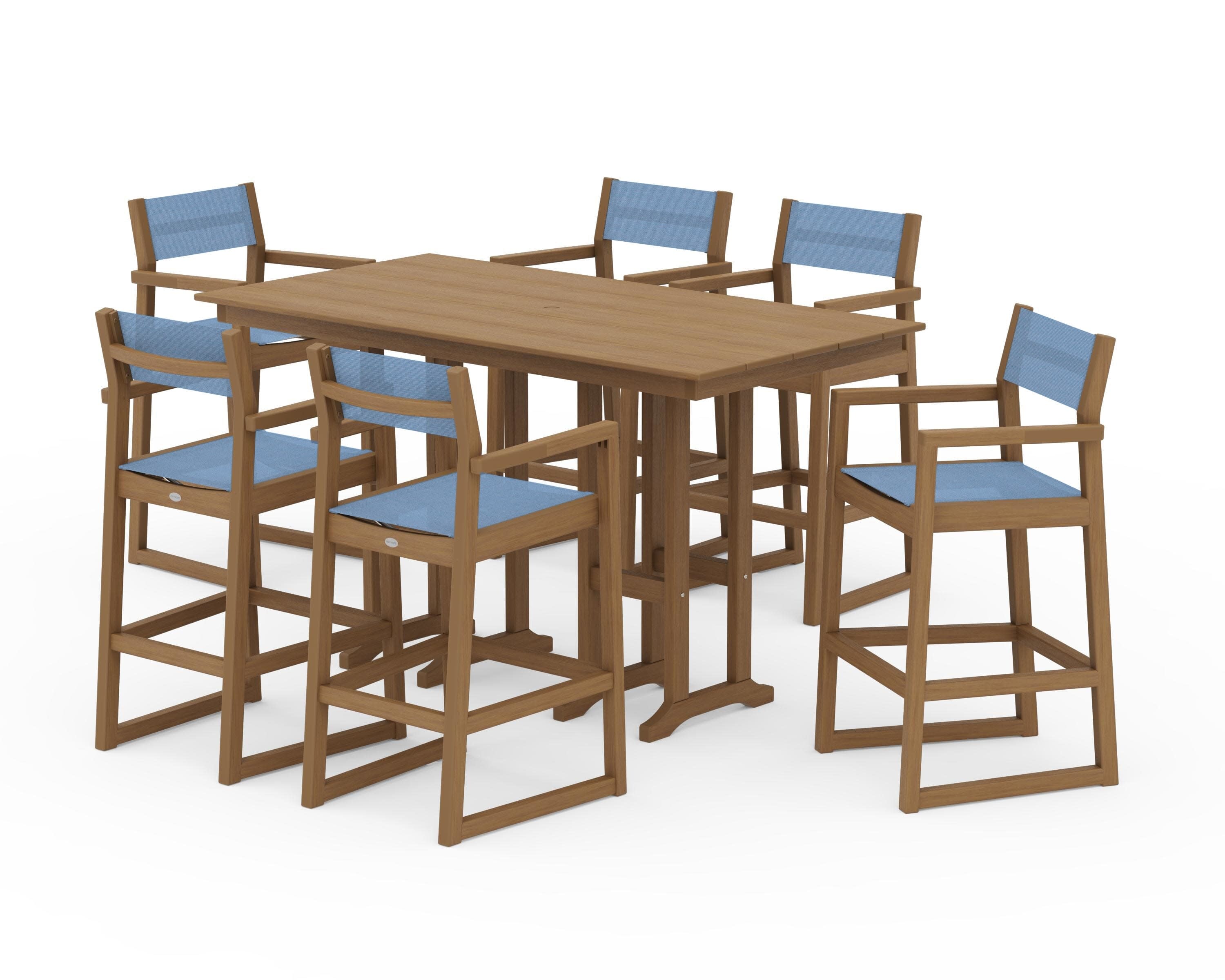 EDGE Sling Arm Chair 7-Piece Farmhouse Bar Set in Natural / Poolside Sling
