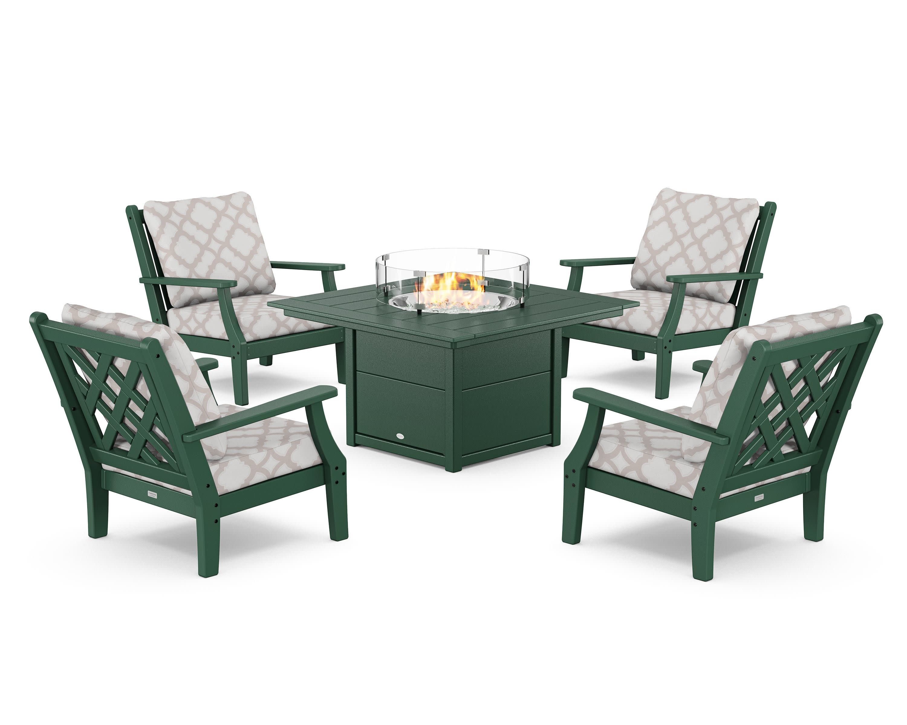 Wovendale 5-Piece Deep Seating Set with Fire Pit Table in Green / Trellis Dune Burlap