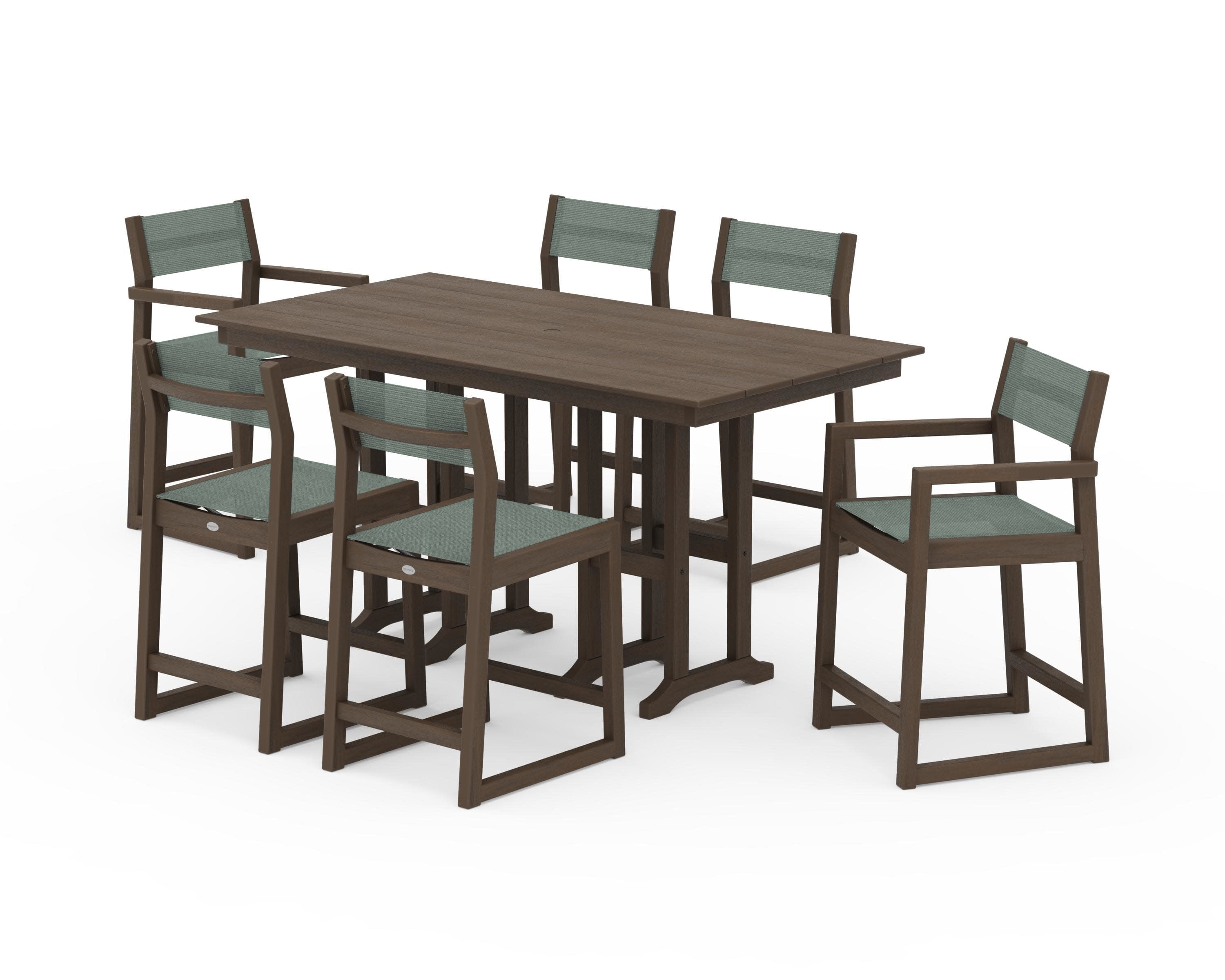 EDGE Sling 7-Piece Farmhouse Counter Set with Trestle Legs in Kona / Dupioni Sea Mist Sling