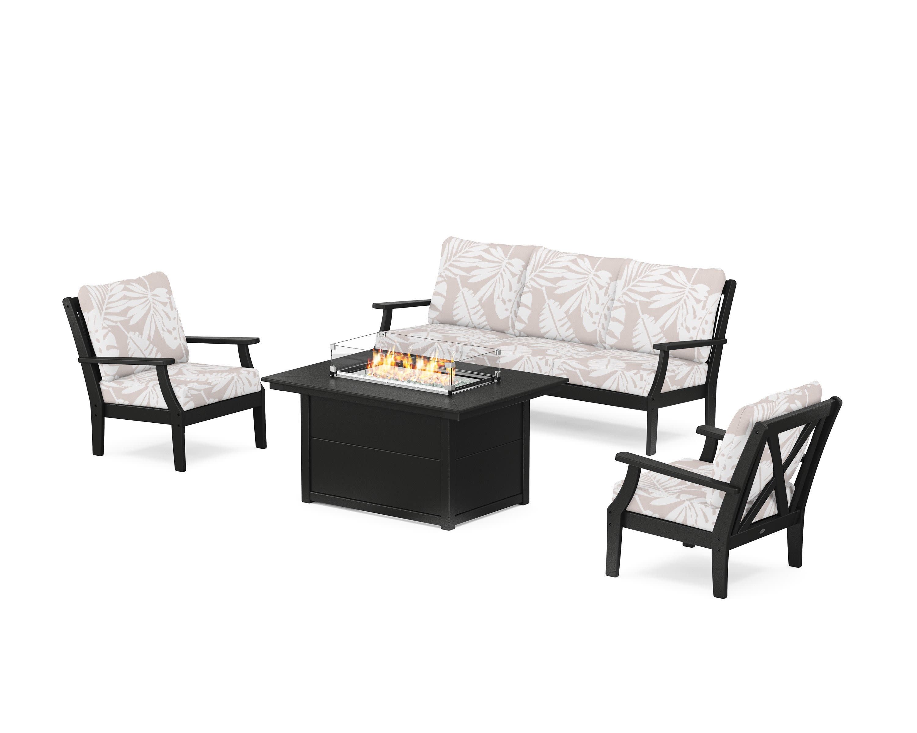 Braxton Deep Seating Fire Pit Table Set in Black / Leaf Dune Burlap