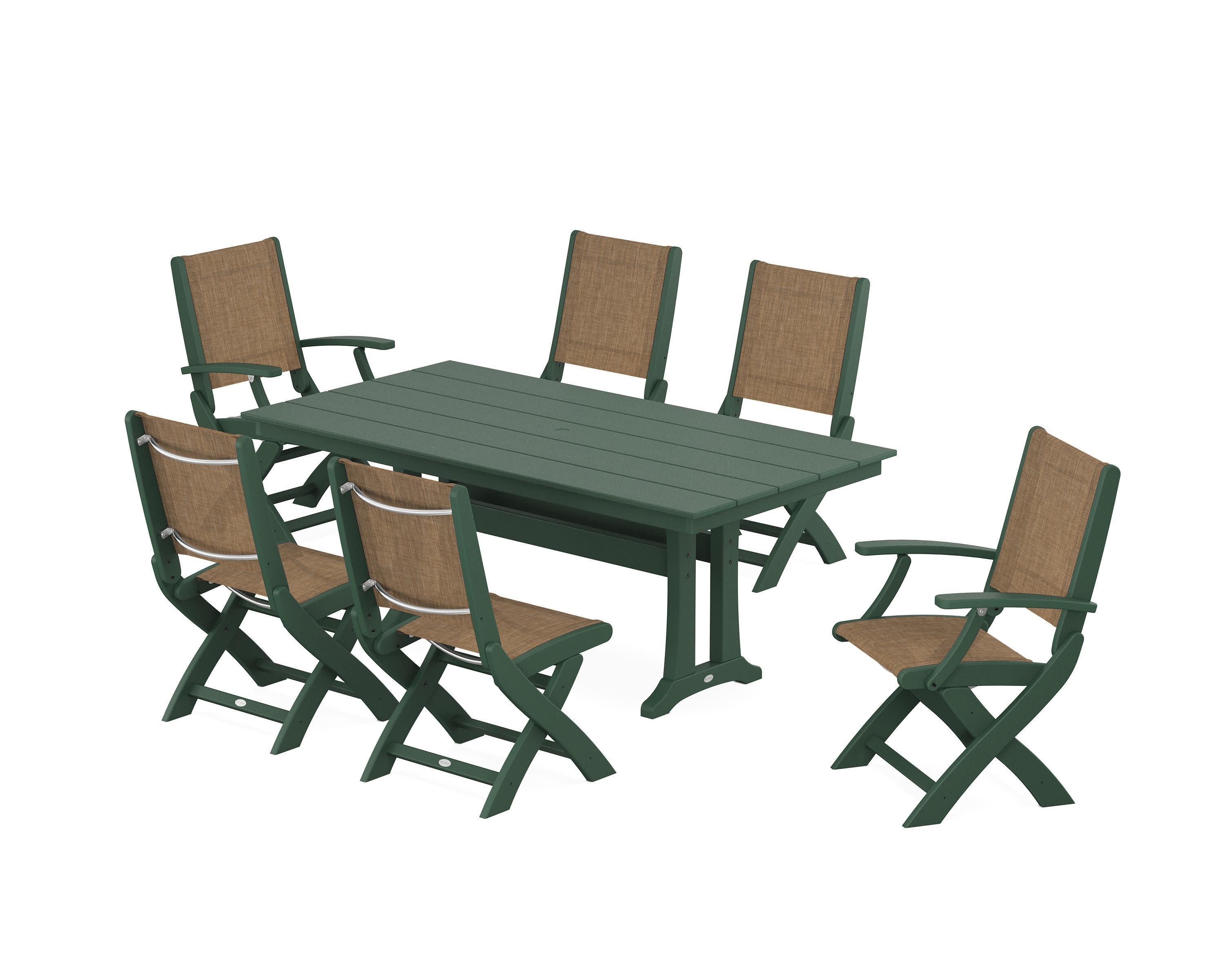 Coastal Folding Chair 7-Piece Farmhouse Dining Set with Trestle Legs in Green / Burlap Sling