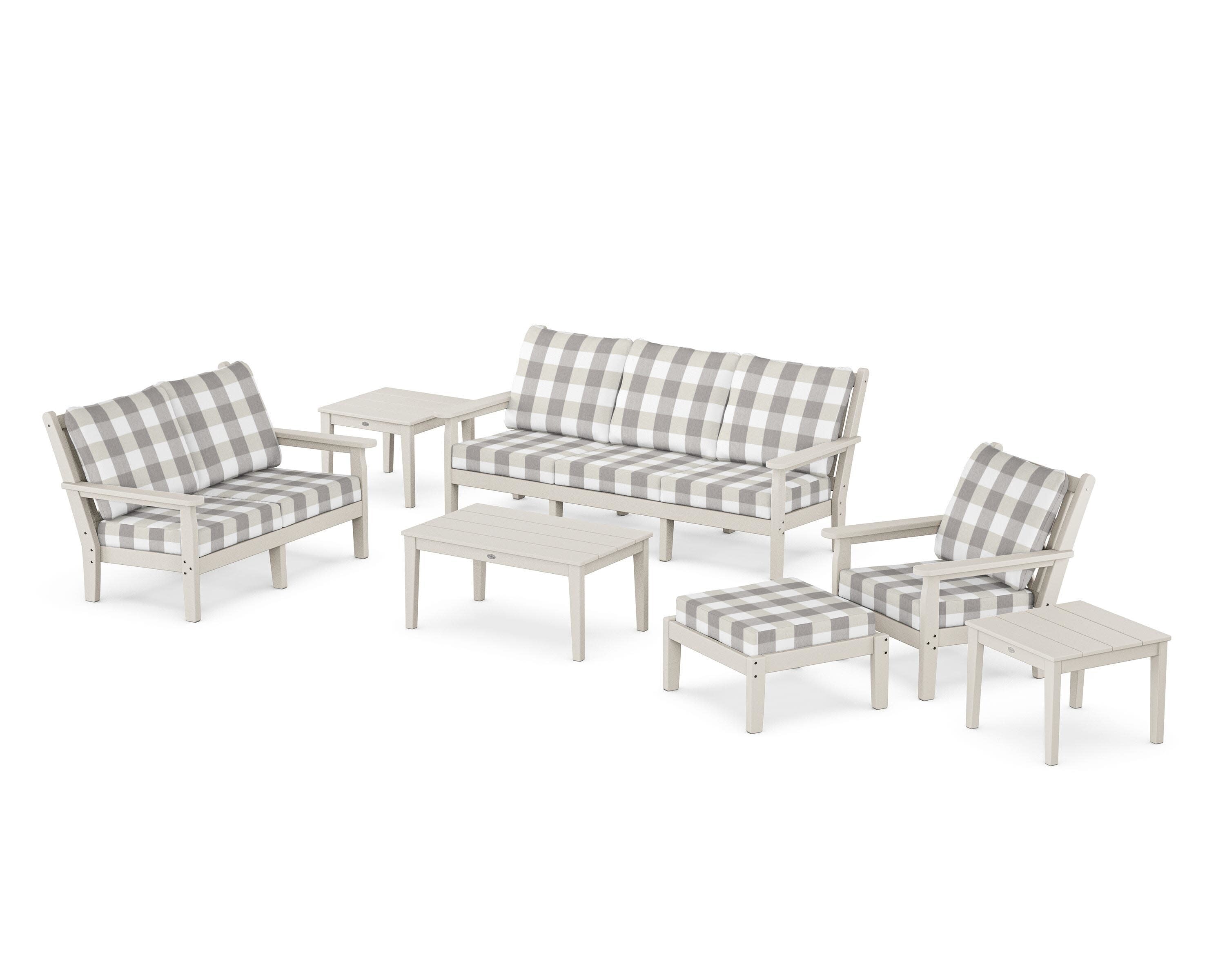 Chippendale 7-Piece Deep Seating Set in Sand / Buffalo Plaid Grey Mist