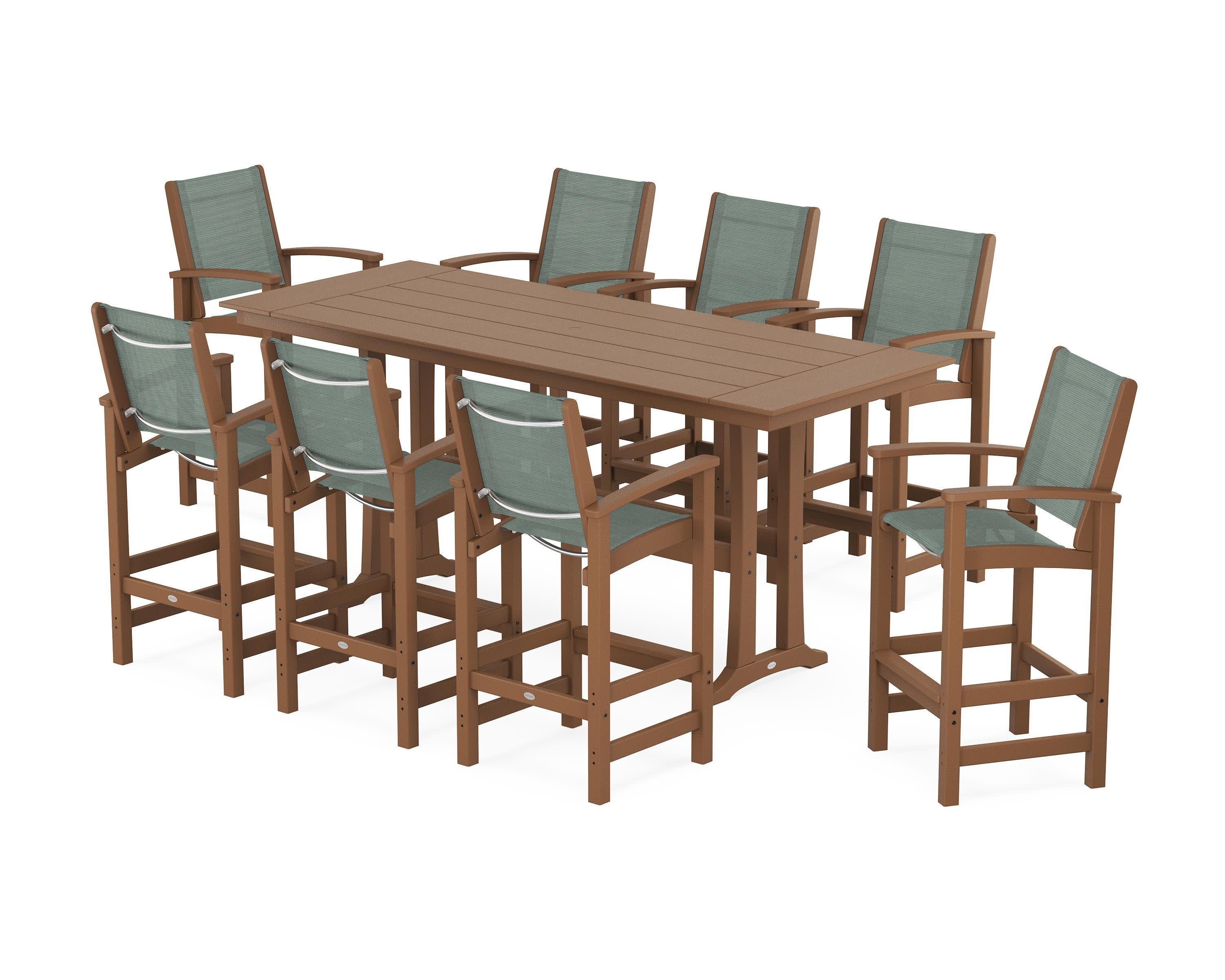 Coastal 9-Piece Farmhouse Bar Set with Trestle Legs in Teak / Dupioni Sea Mist Sling