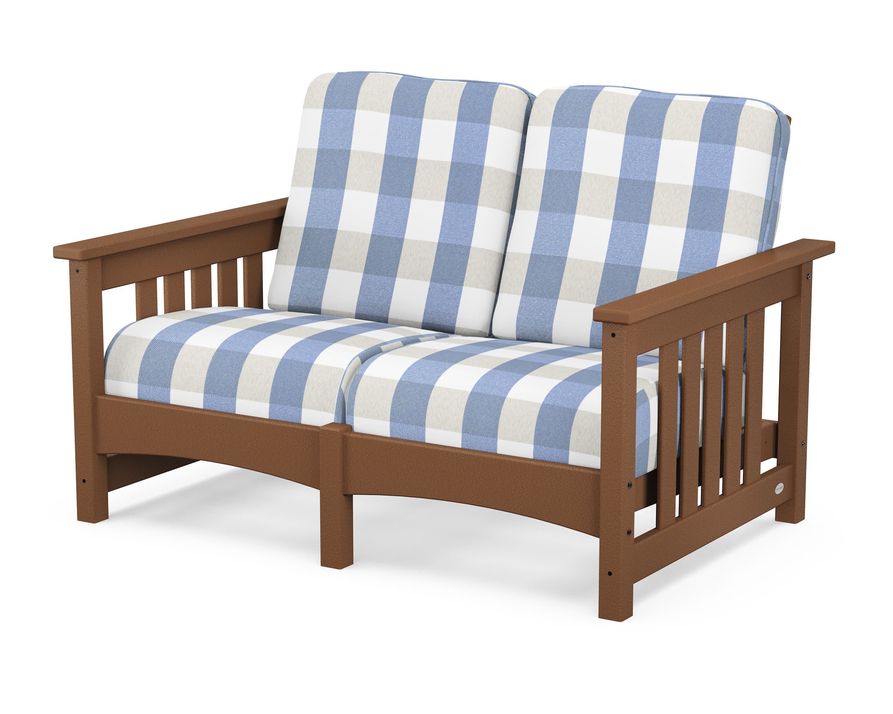 Club Mission Loveseat in Teak / Buffalo Plaid Sky Blue