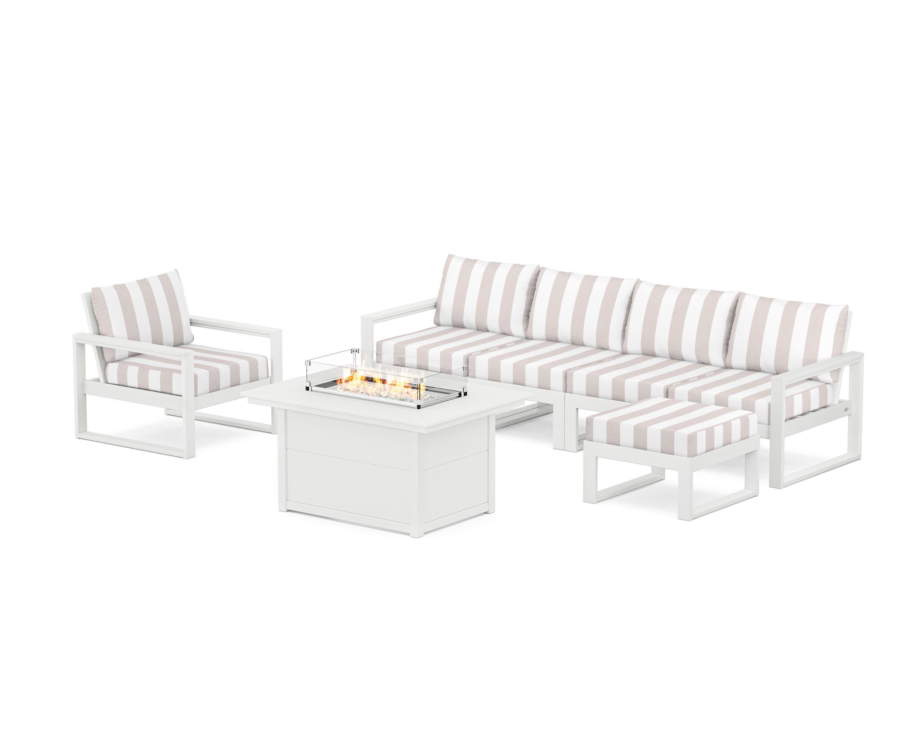 EDGE Sectional Lounge and Fire Pit Set in White / Cabana Stripe Dune Burlap