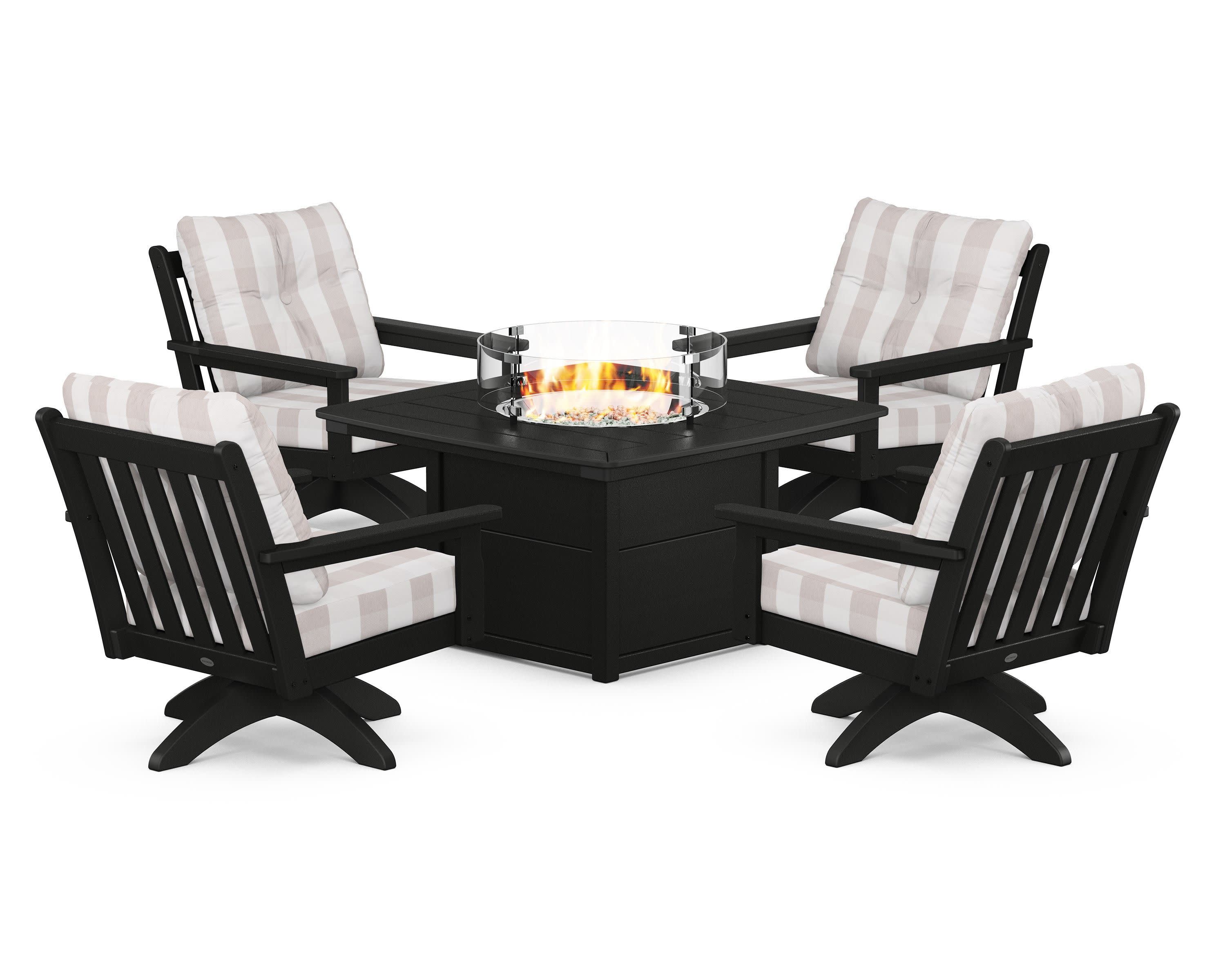 Vineyard 5-Piece Deep Seating Swivel Conversation Set with Fire Pit Table in Black / Buffalo Plaid Dune Burlap
