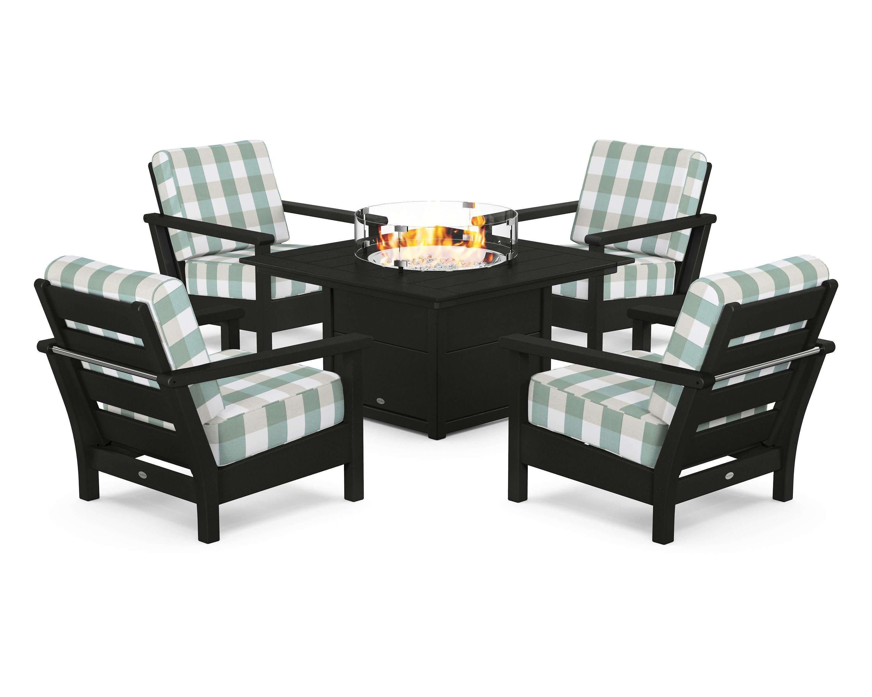 Harbour 5-Piece Conversation Set with Fire Pit Table in Black / Buffalo Plaid Glacier Spa