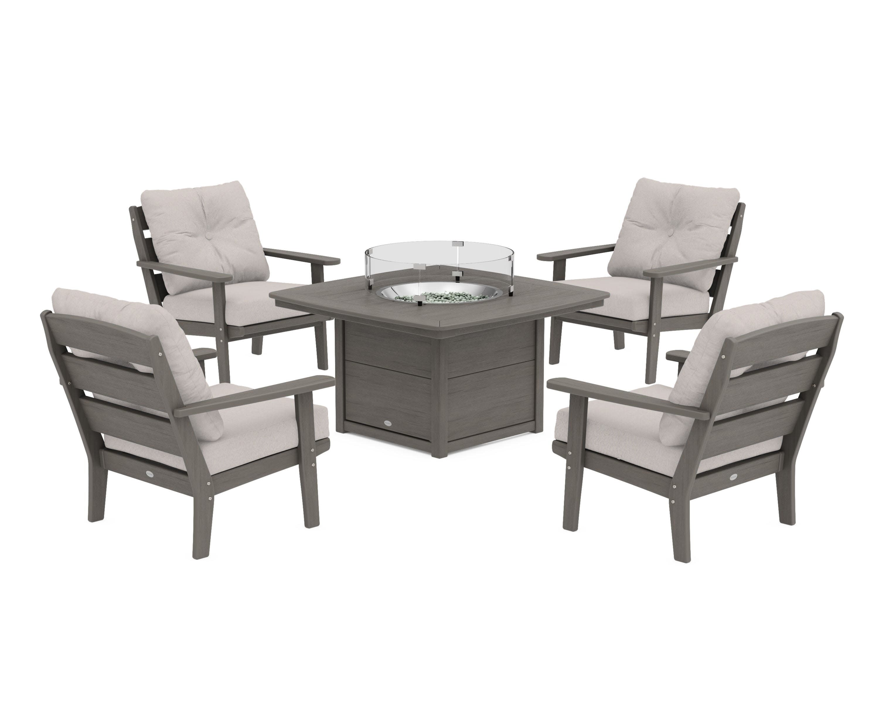 Lakeside 5-Piece Deep Seating Set with Nautical Fire Pit Table in Driftwood / Dune Burlap
