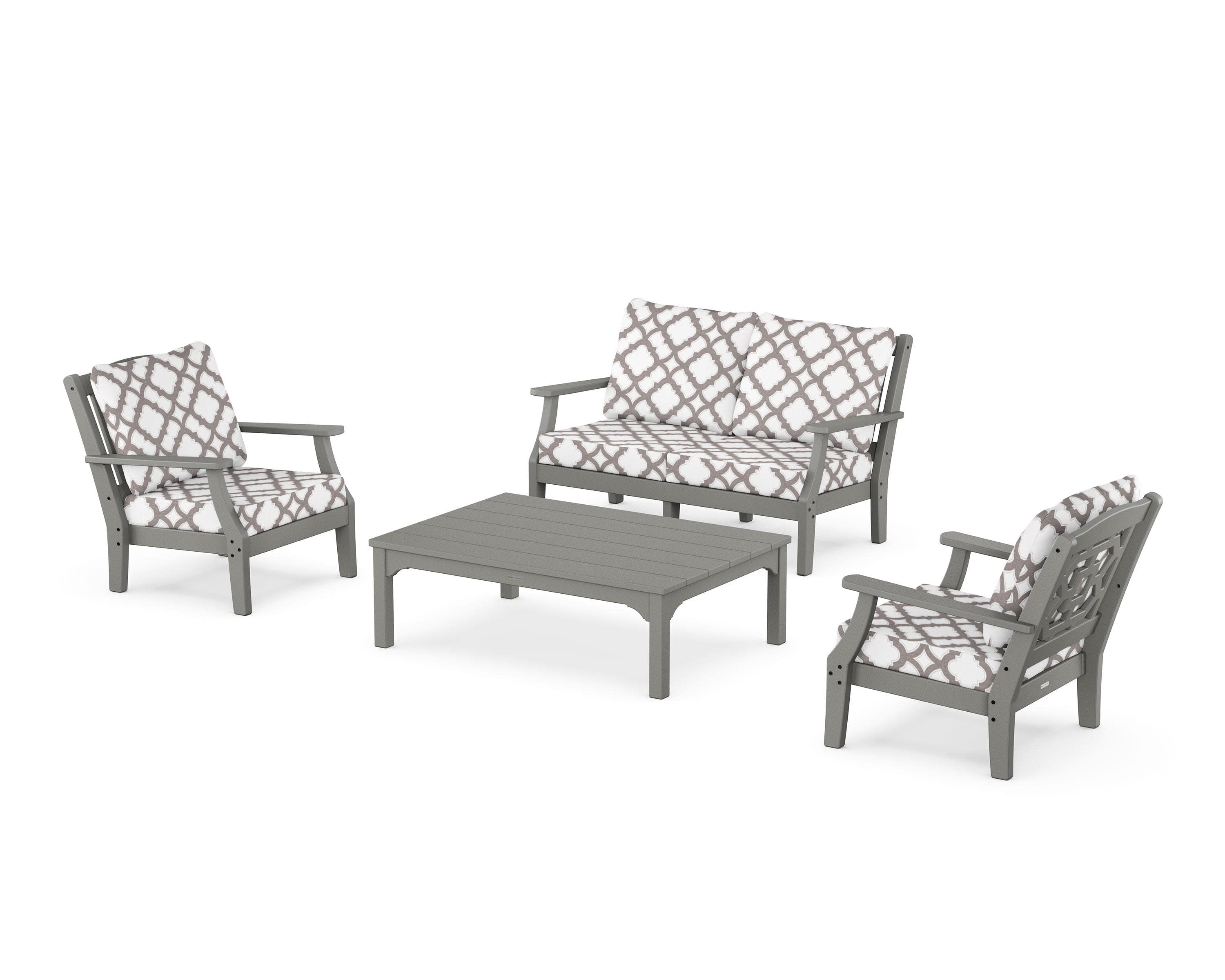 Chinoiserie 4-Piece Deep Seating Set with Loveseat in Slate Grey / Trellis Grey Mist