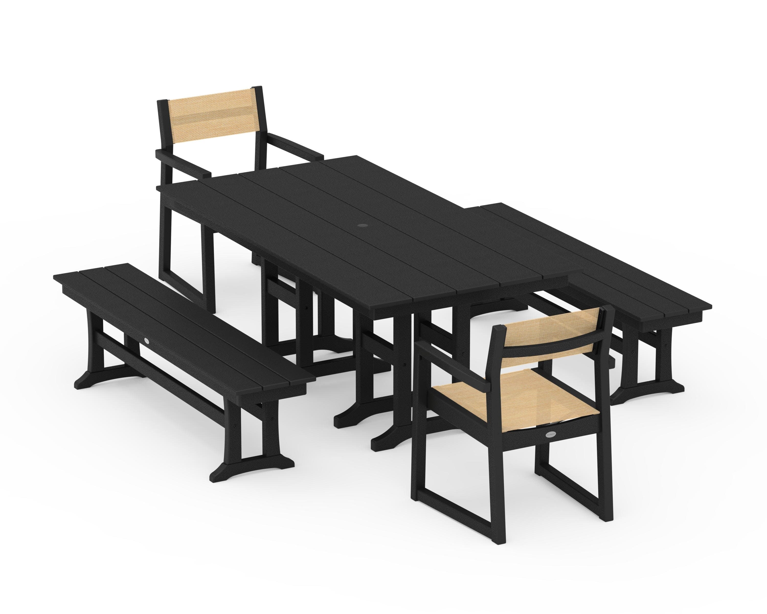 EDGE Sling Arm Chair 5-Piece Farmhouse Dining Set with Benches in Black / Dupioni Apricot Sling