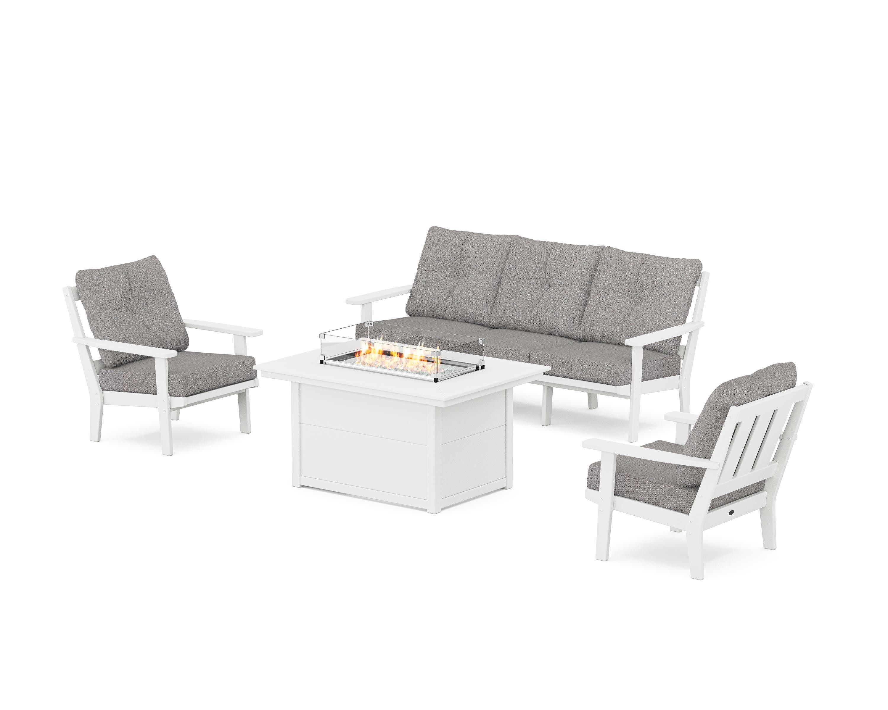 Oxford Deep Seating Fire Pit Table Set in White / Grey Mist