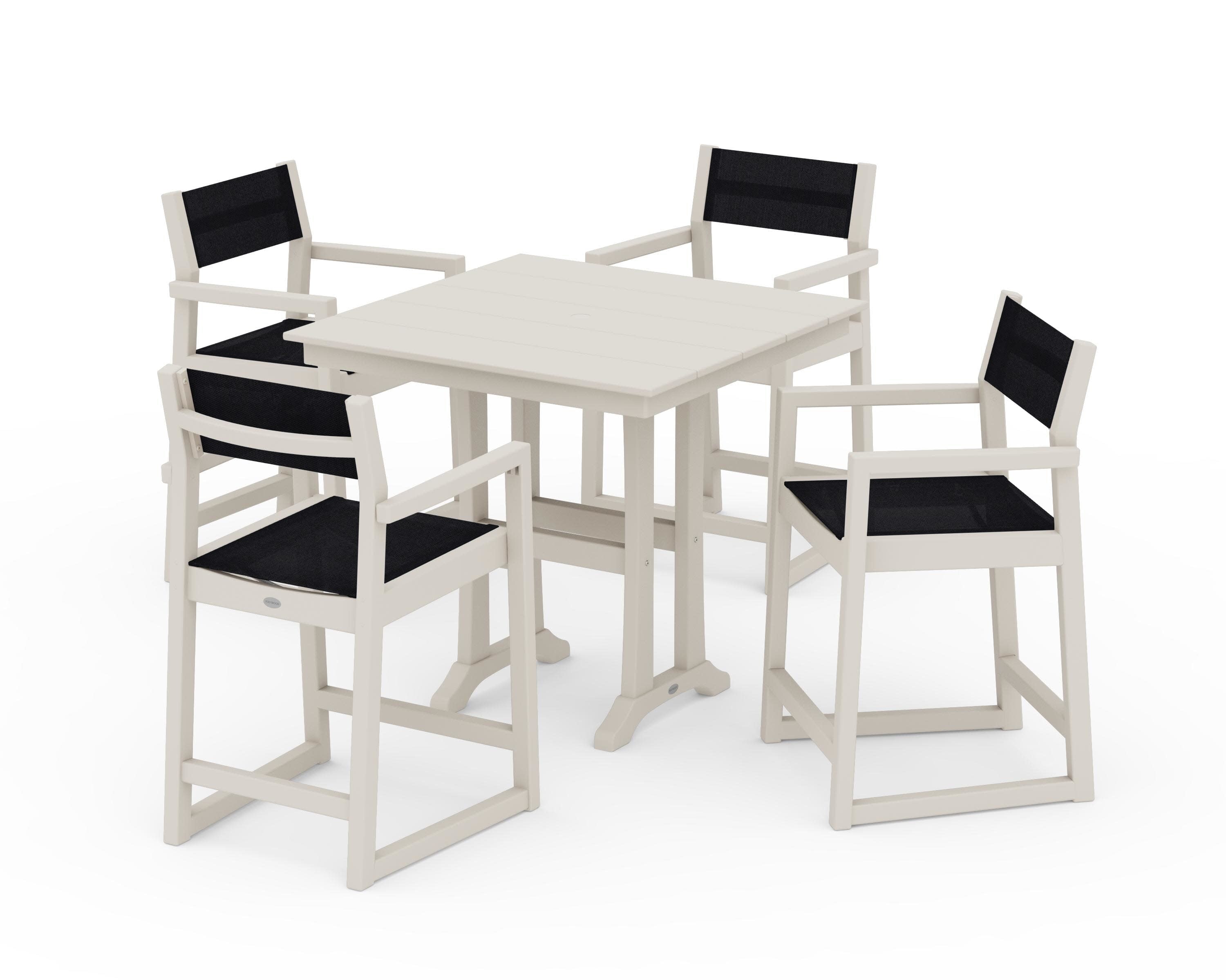 EDGE Sling Arm Chair 5-Piece Farmhouse Counter Set with Trestle Legs in Sand / Black Sling