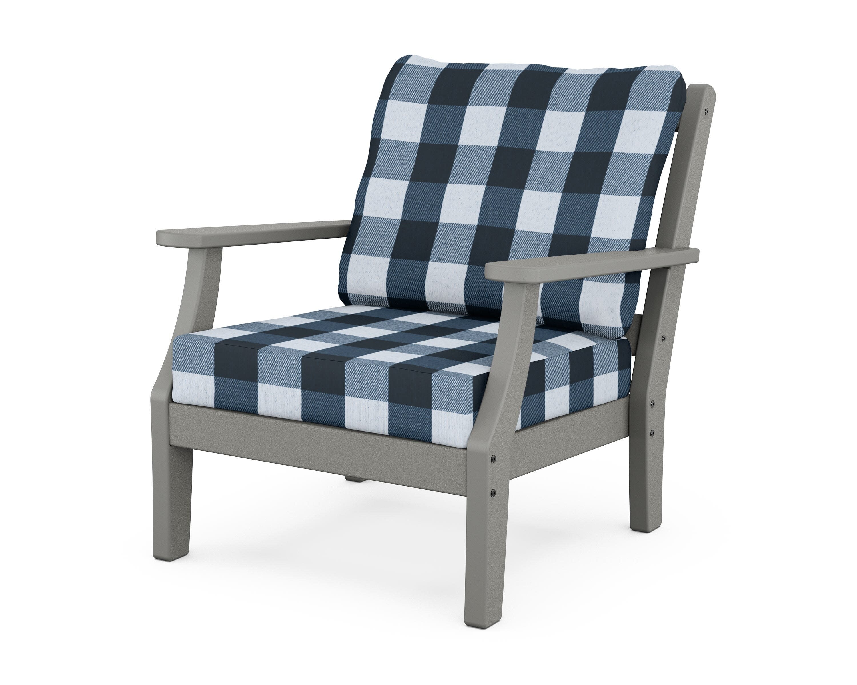 Chinoiserie Deep Seating Chair in Slate Grey / Buffalo Plaid Marine Indigo