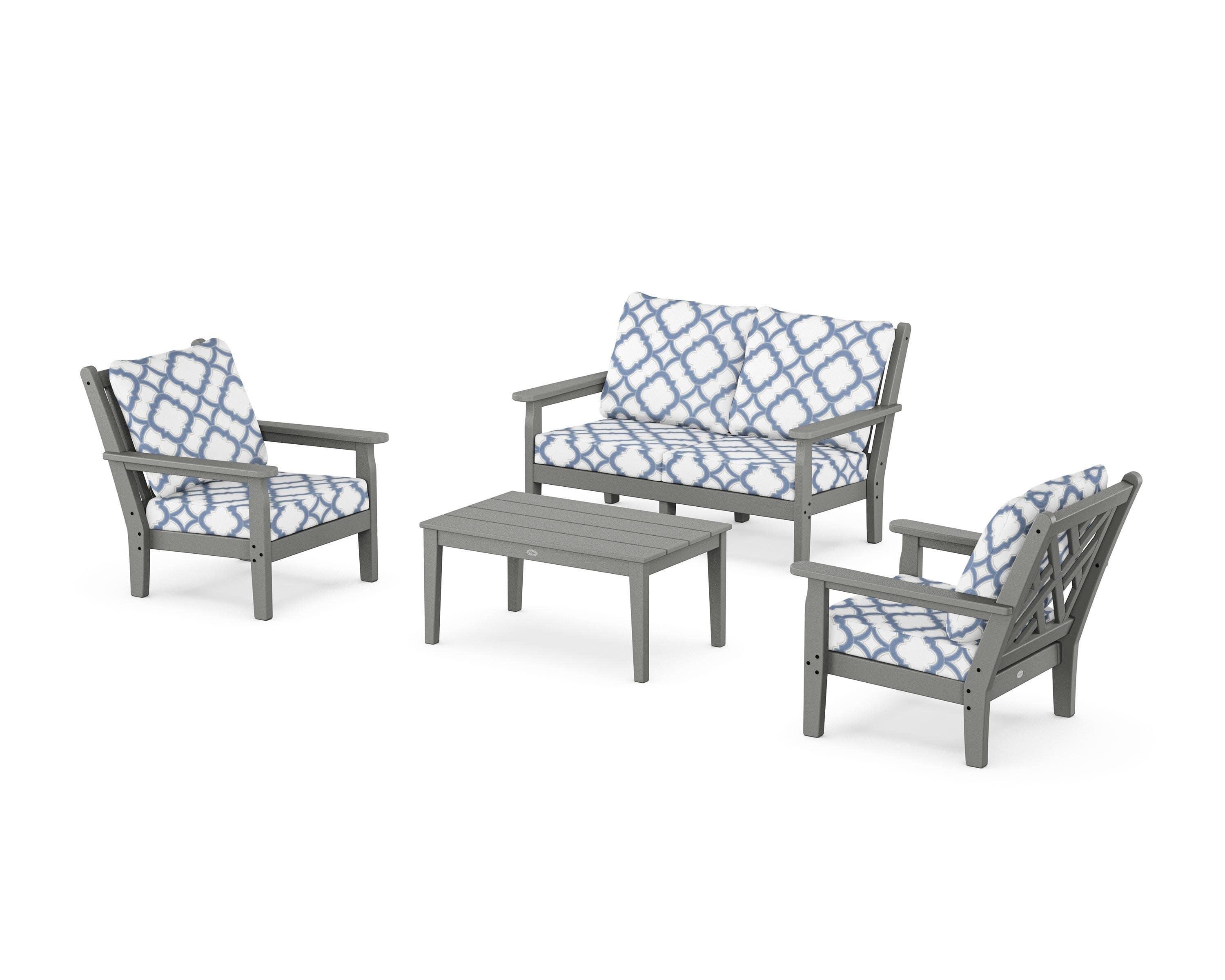 Chippendale 4-Piece Deep Seating Set with Loveseat in Slate Grey / Trellis Sky Blue