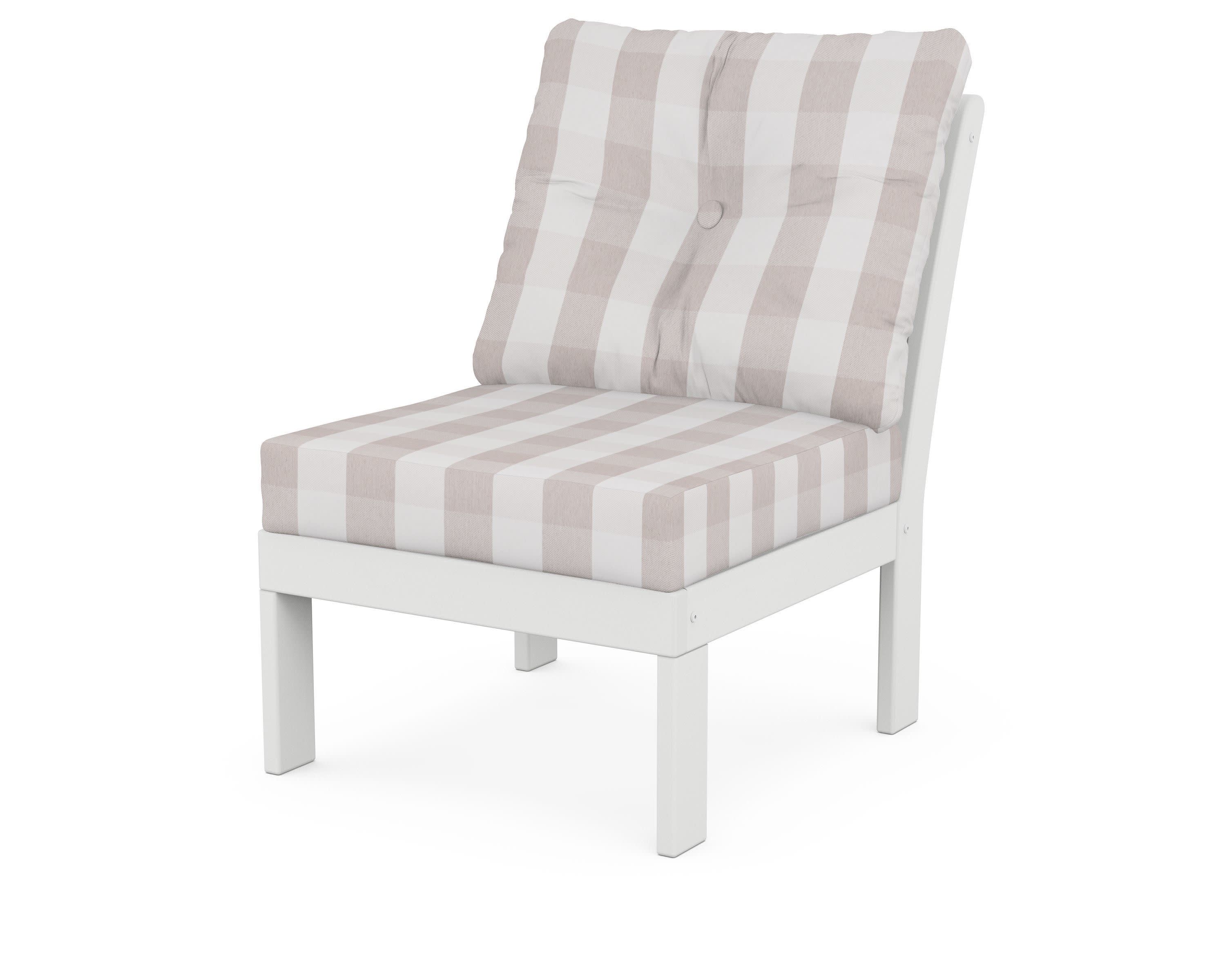 Vineyard Modular Armless Chair in White / Buffalo Plaid Dune Burlap