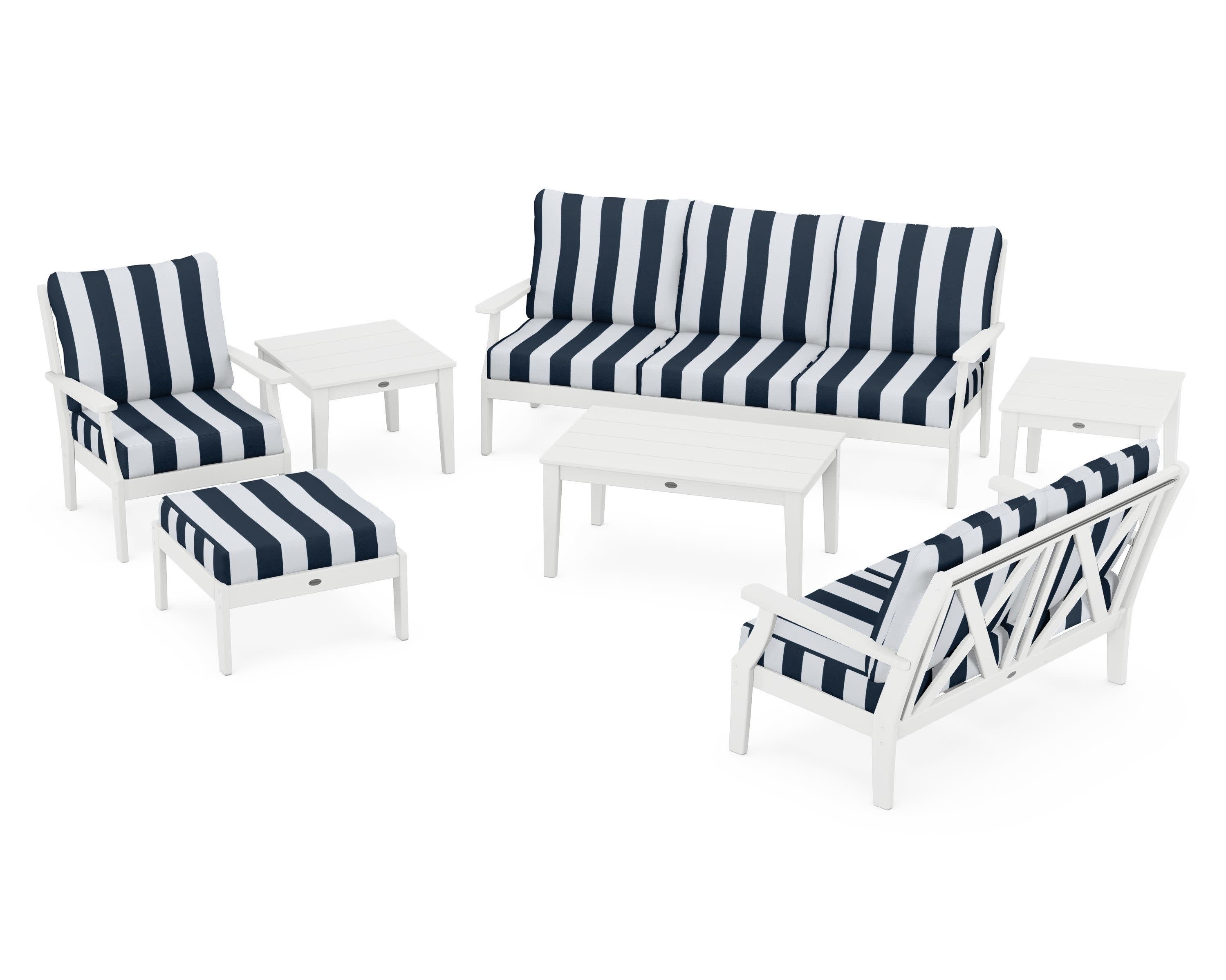Braxton 7-Piece Deep Seating Set in White / Cabana Stripe Marine Indigo