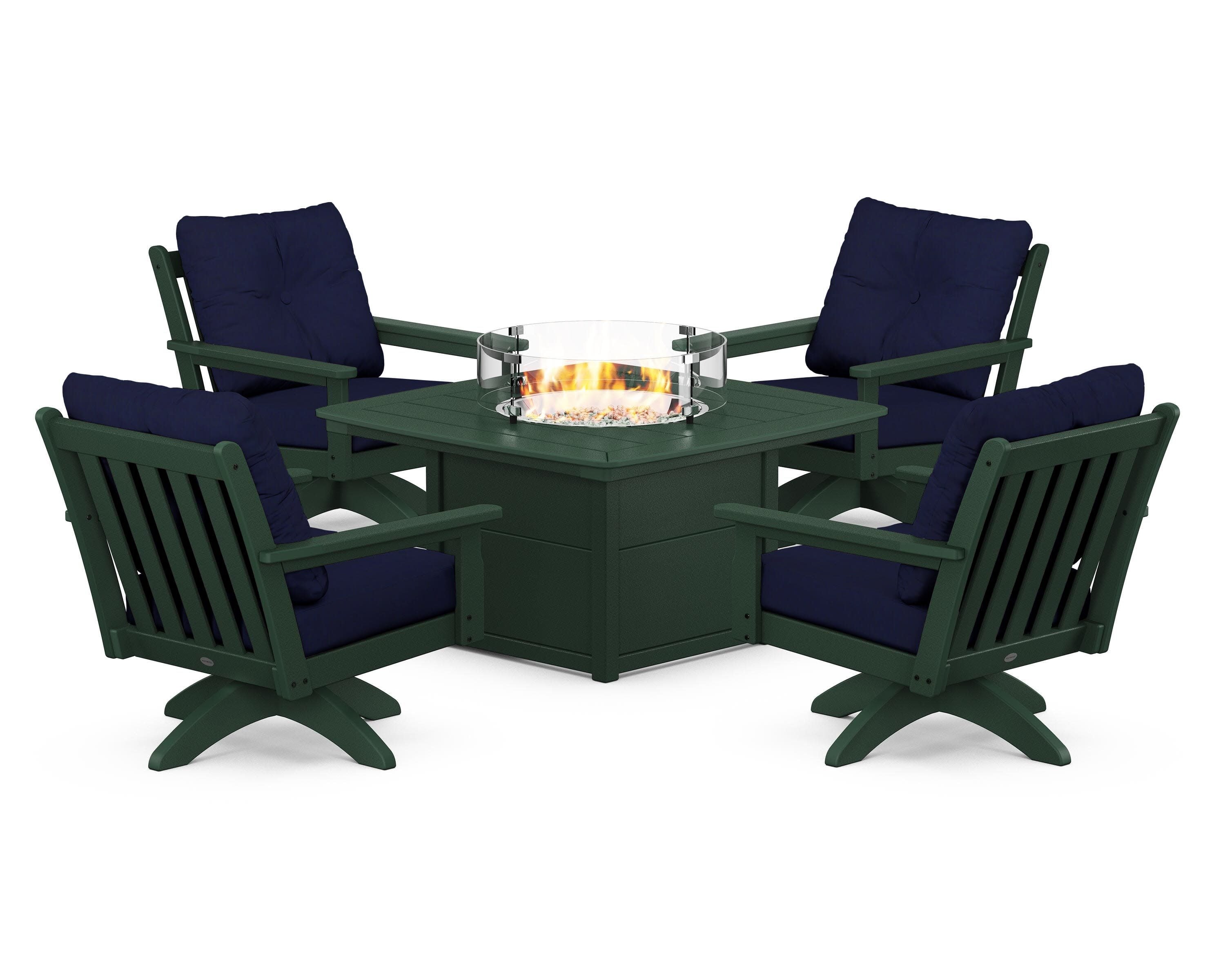 Vineyard 5-Piece Deep Seating Swivel Conversation Set with Fire Pit Table in Green / Navy