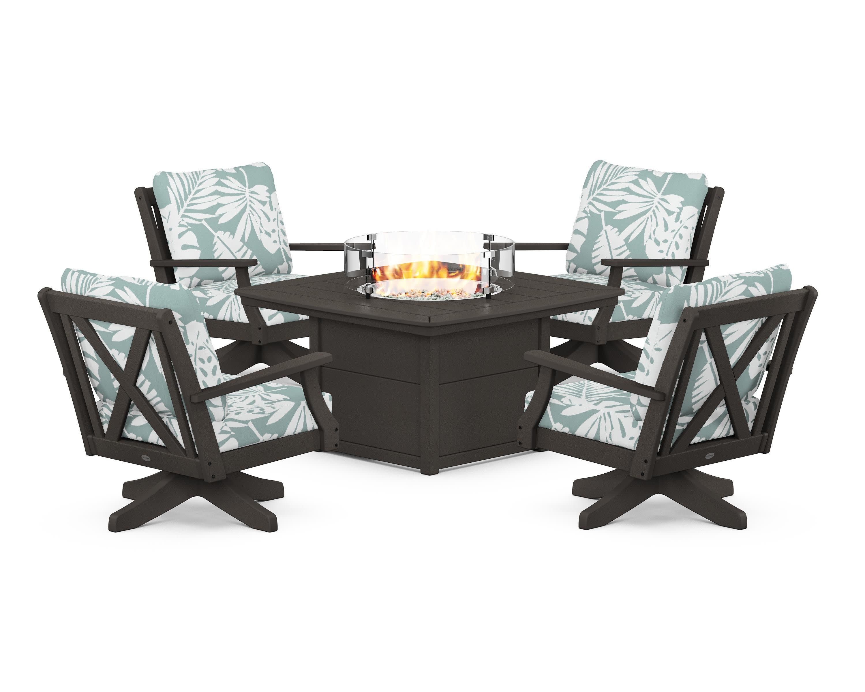Braxton 5-Piece Deep Seating Swivel Conversation Set with Fire Pit Table in Vintage Coffee / Leaf Glacier Spa