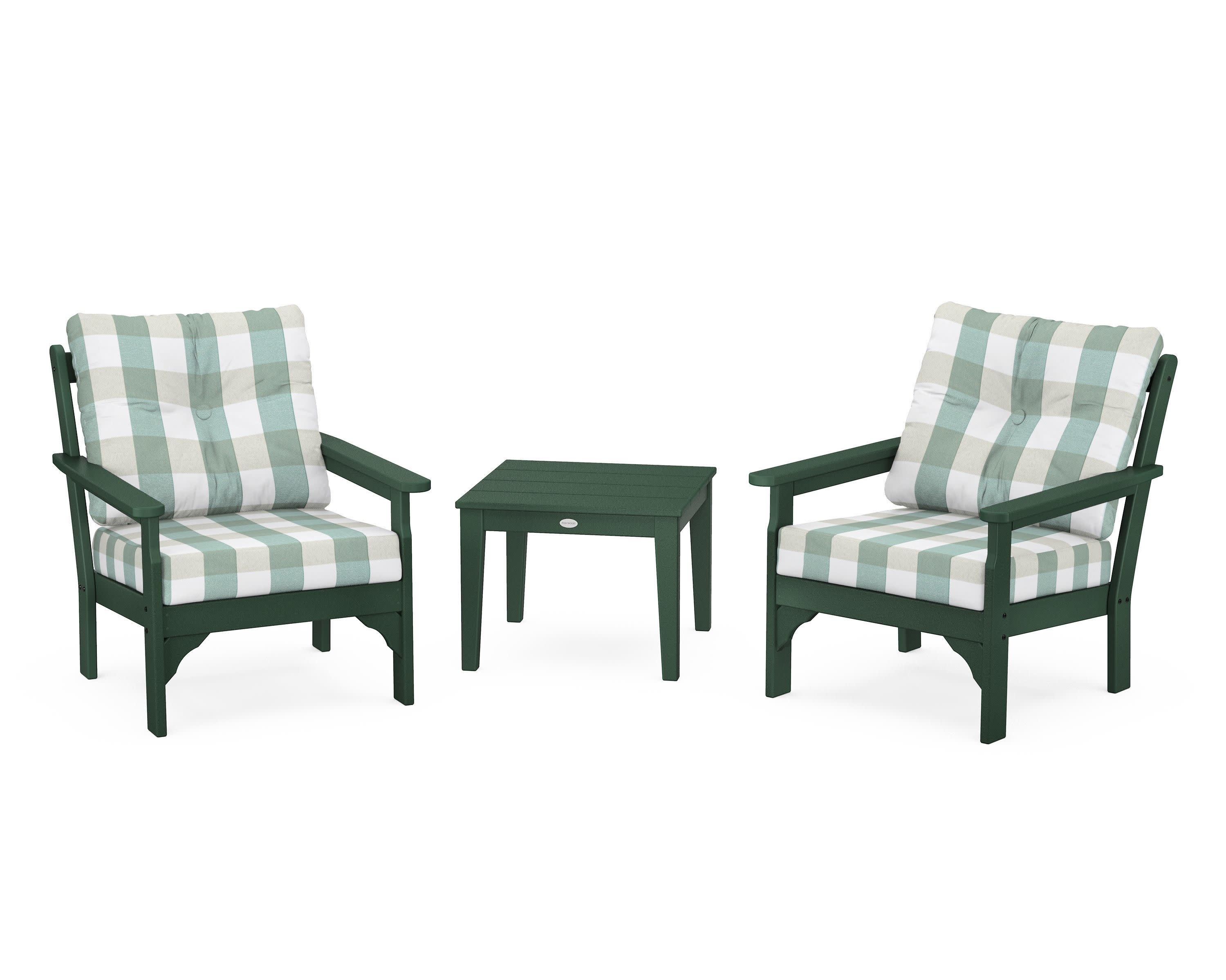 Vineyard 3-Piece Deep Seating Set in Green / Buffalo Plaid Glacier Spa
