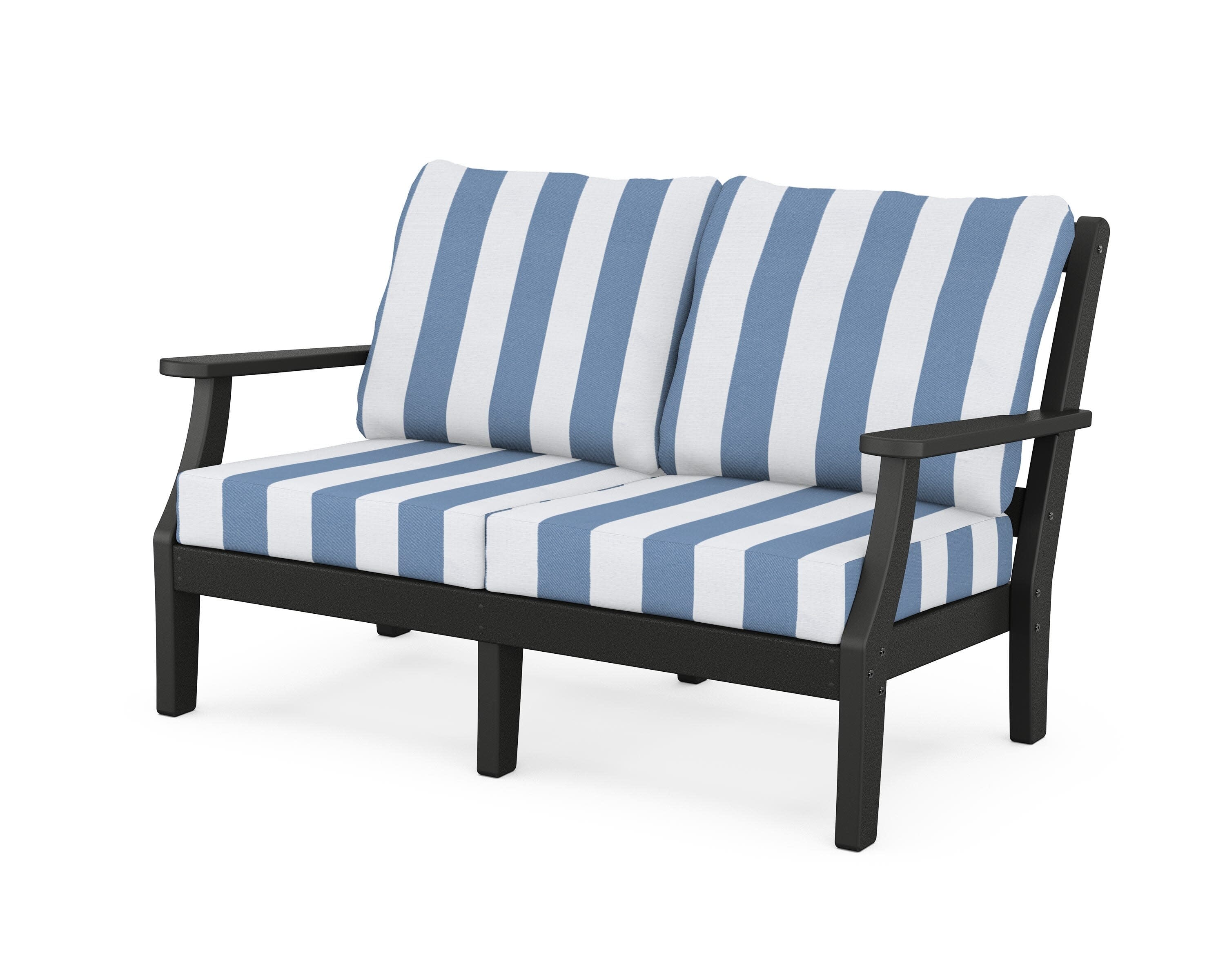 Chinoiserie Deep Seating Loveseat in Black / Cabana Stripe Sky Blue
