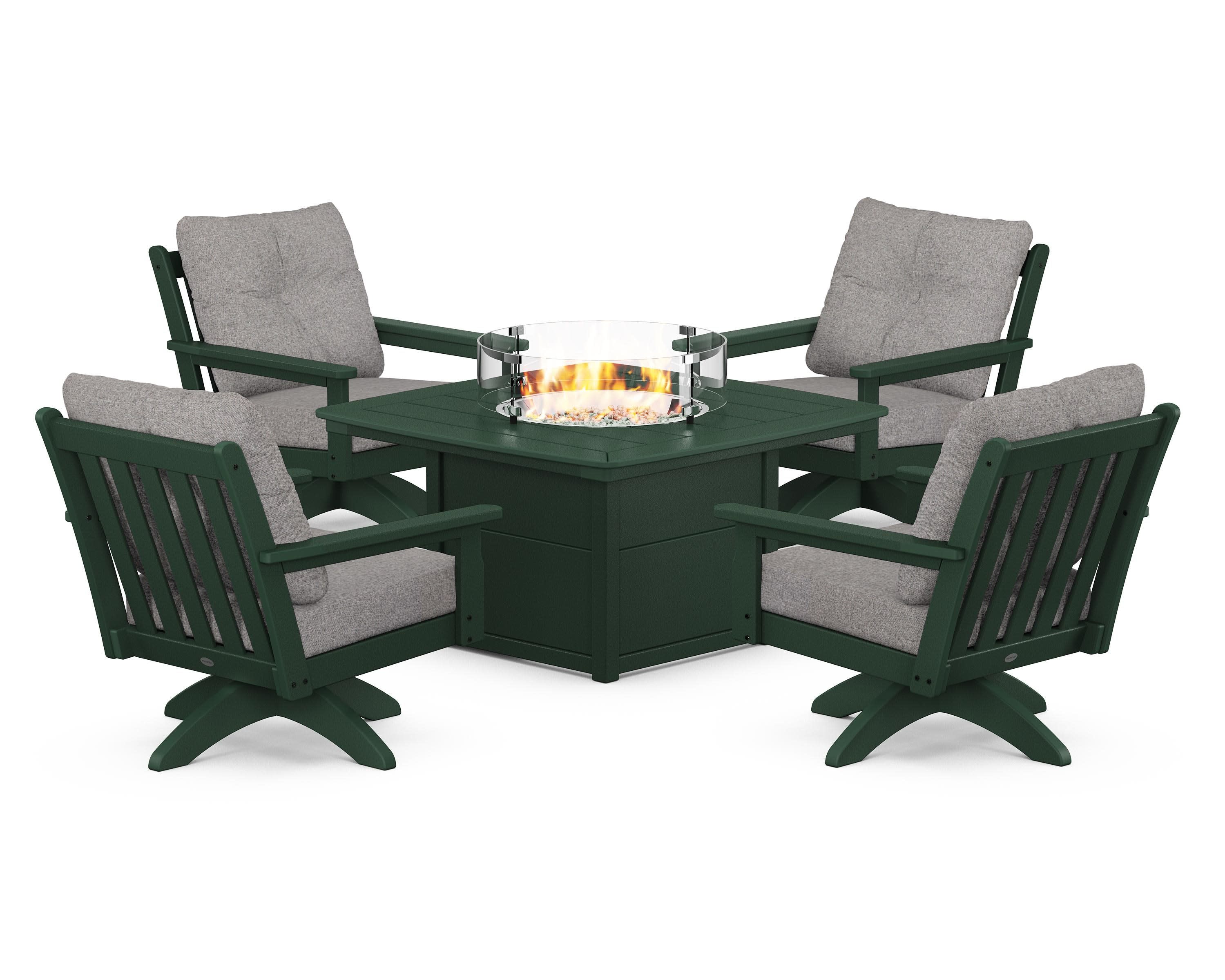 Vineyard 5-Piece Deep Seating Swivel Conversation Set with Fire Pit Table in Green / Grey Mist