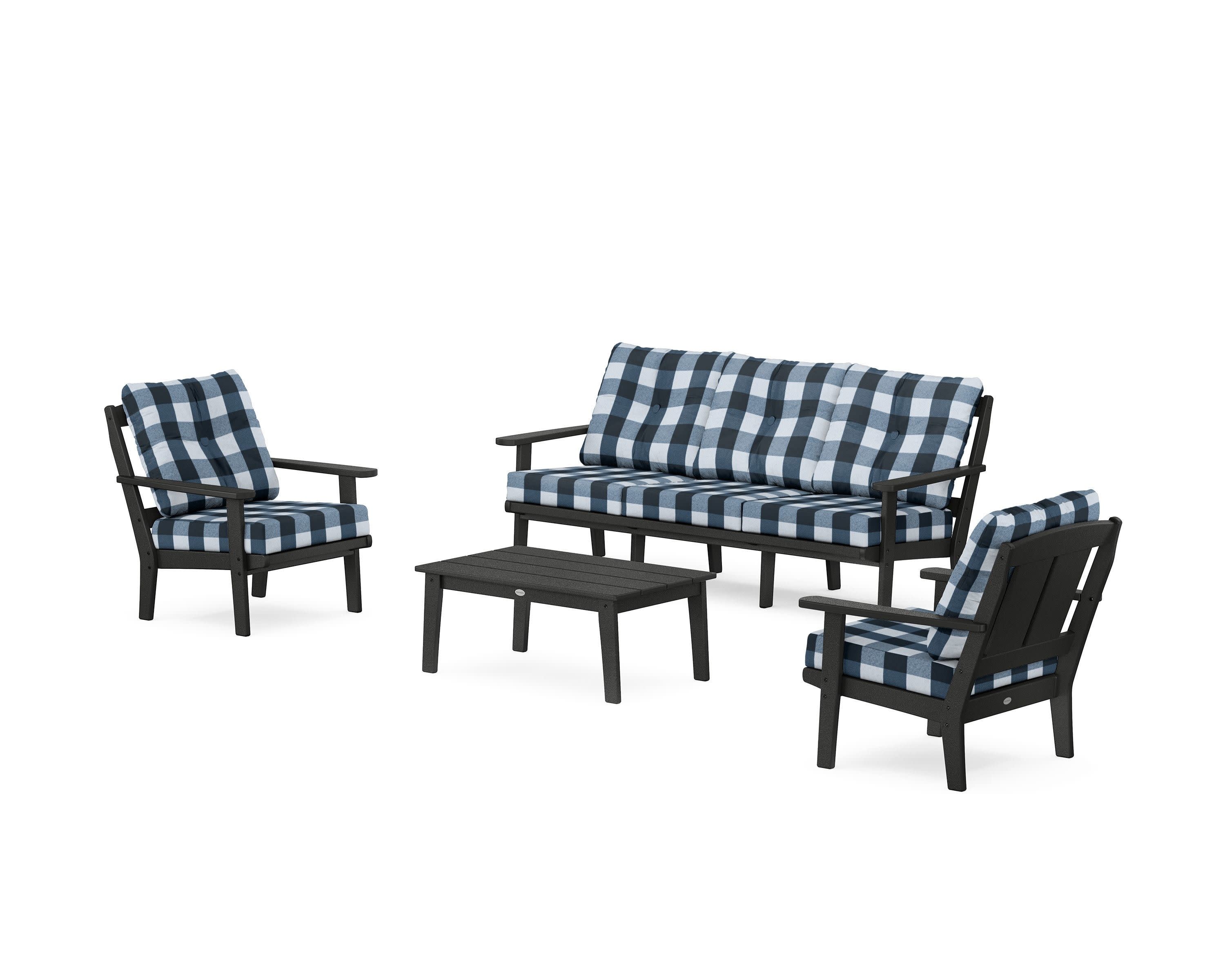 Mission 4-Piece Deep Seating Set with Sofa in Black / Buffalo Plaid Marine Indigo