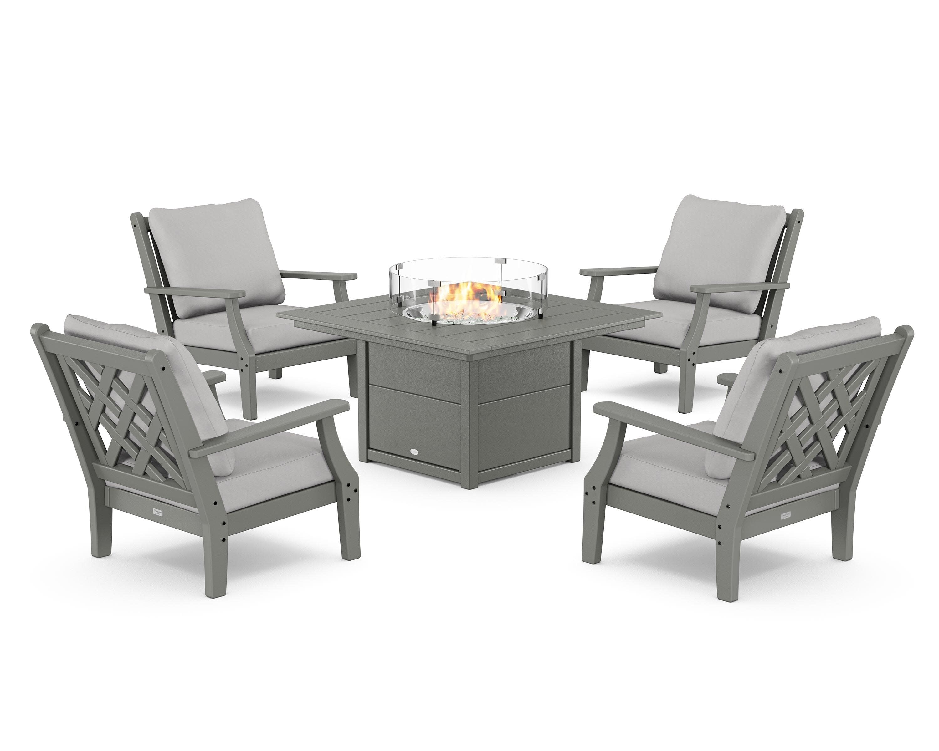 Wovendale 5-Piece Deep Seating Set with Fire Pit Table in Slate Grey / Diamond in the Rough