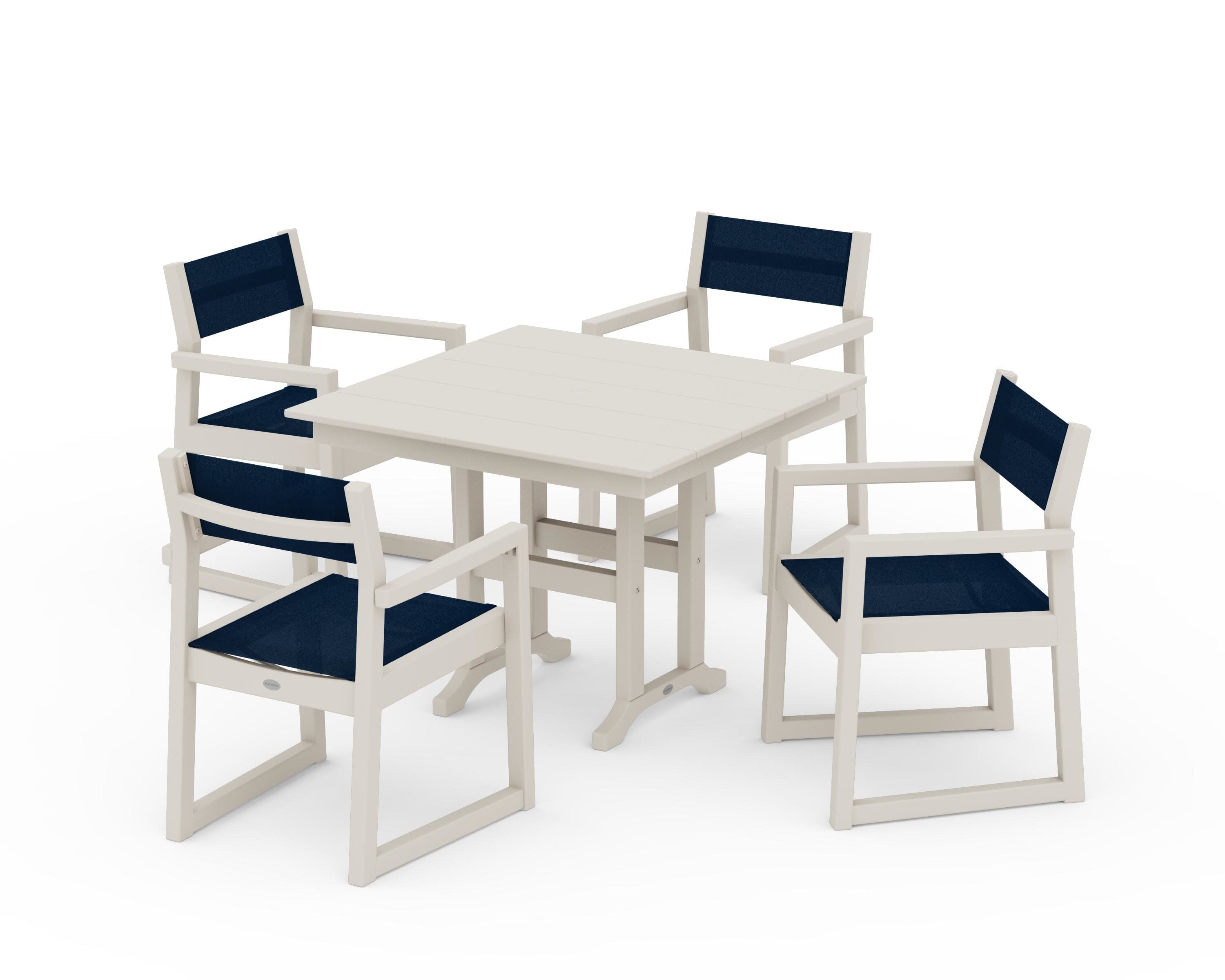 EDGE Sling Arm Chair 5-Piece Farmhouse Dining Set in Sand / Navy Blue Sling